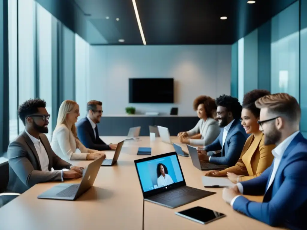 Reunión de trabajo eficiente con Microsoft Teams Profesionales en videoconferencia usando Microsoft Teams en una sala moderna y luminosa