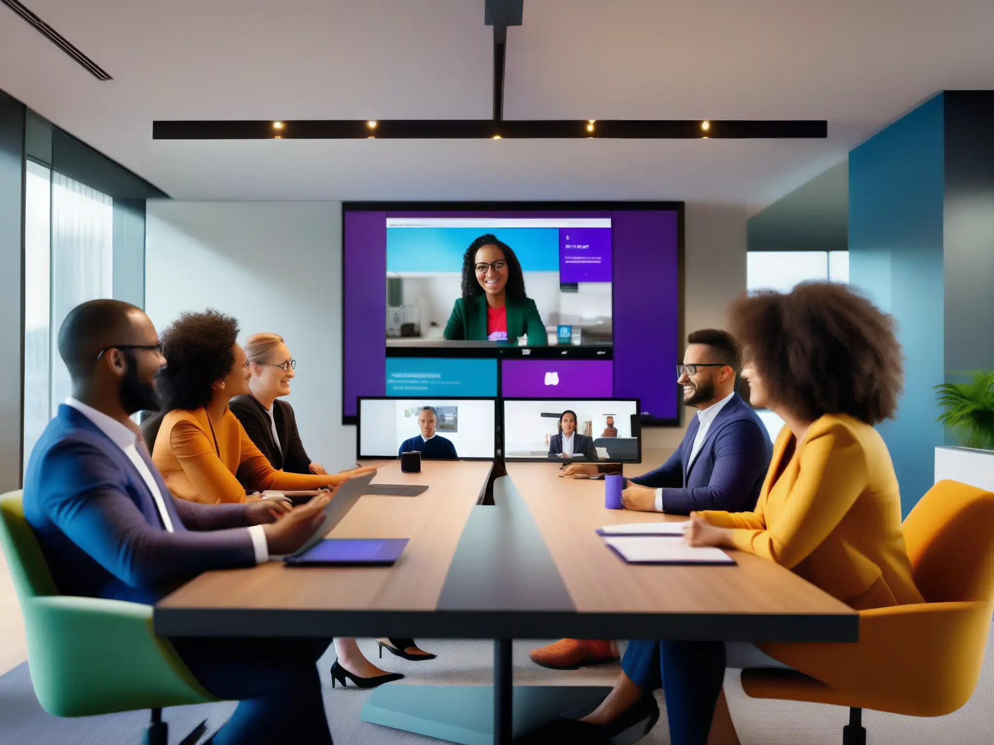 Reunión profesional en Microsoft Teams Profesionales colaborando en una videoconferencia de Microsoft Teams en una sala moderna