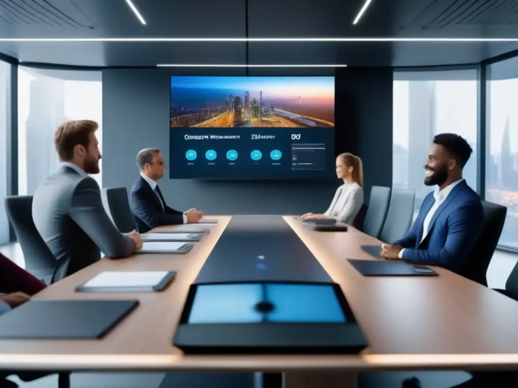 Conferencia de Alta Tecnología: Profesionales Enérgicos en Acción Profesionales en videoconferencia en una sala moderna y vibrante