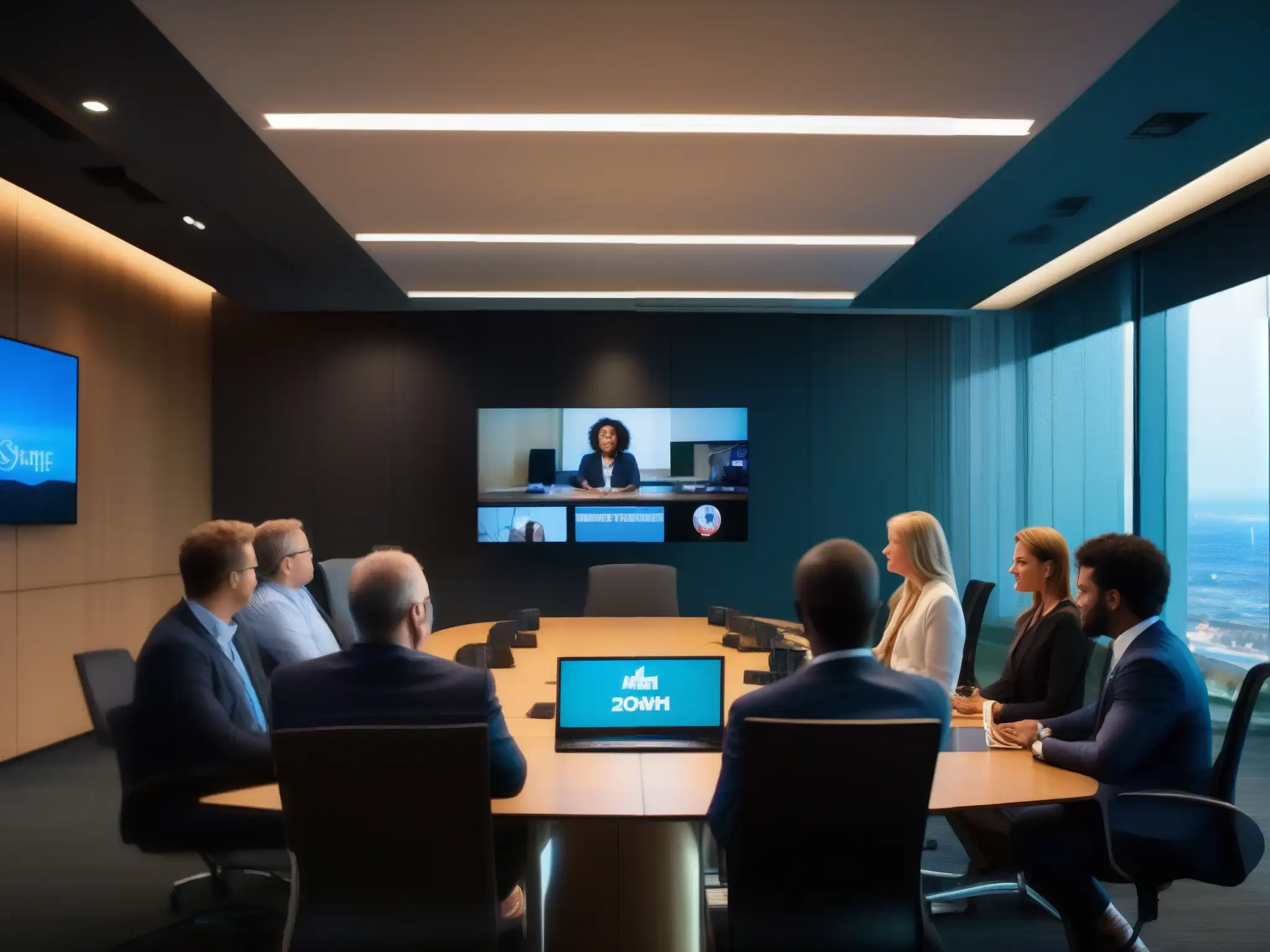 Comparación de calidad de video: Zoom vs Profesionales participan en videoconferencia en una sala oscura, resaltando la calidad de video en entornos oscuros