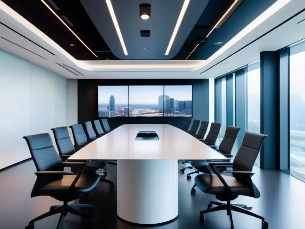 Sala de conferencias moderna y dinámica con tecnología de vanguardia Profesionales en videoconferencia en una sala de reuniones moderna con equipo de alta calidad