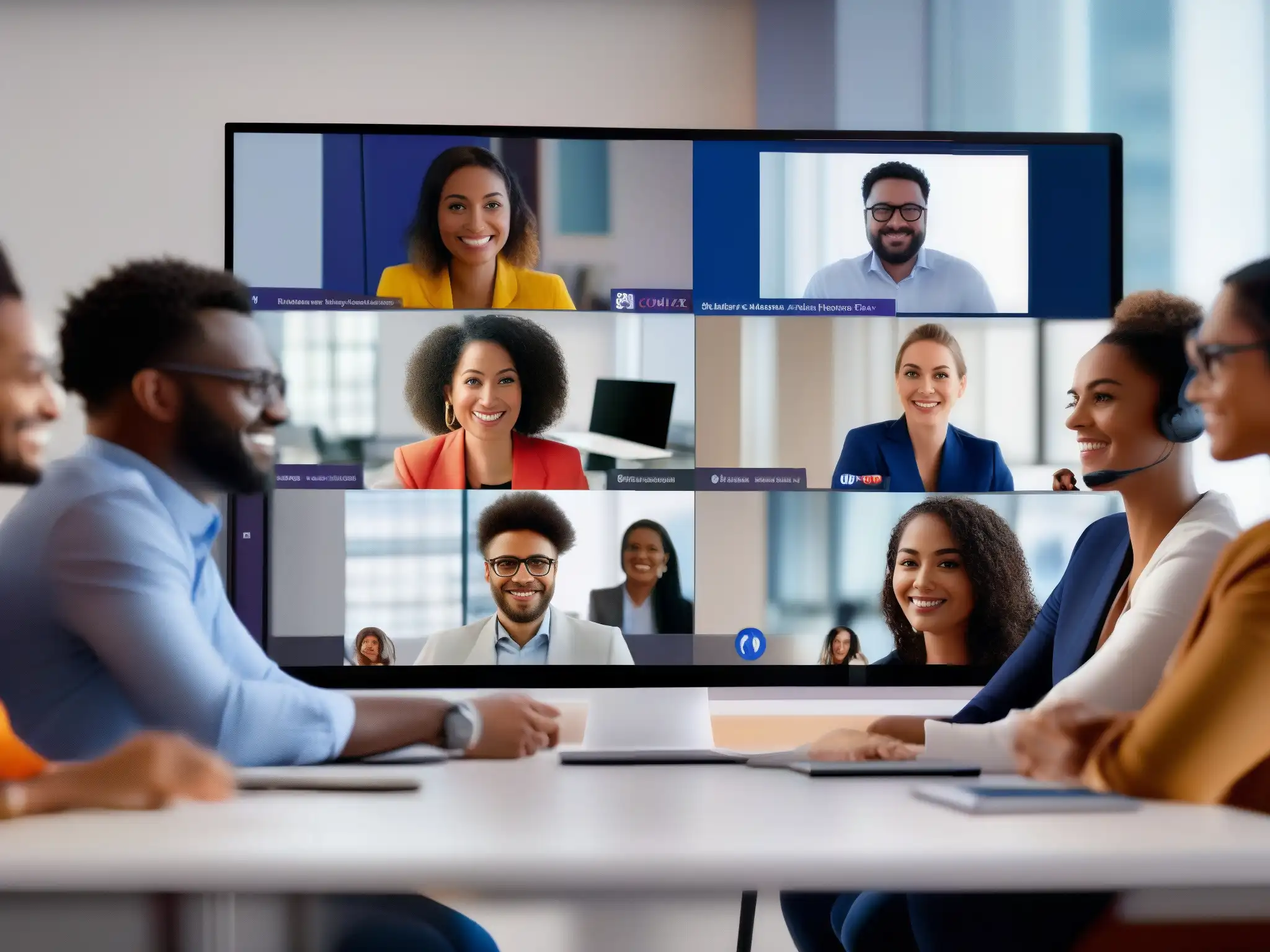 Profesionales diversos colaboran en videoconferencia con Microsoft Teams Profesionales diversos colaborando en videoconferencia segura en Microsoft Teams