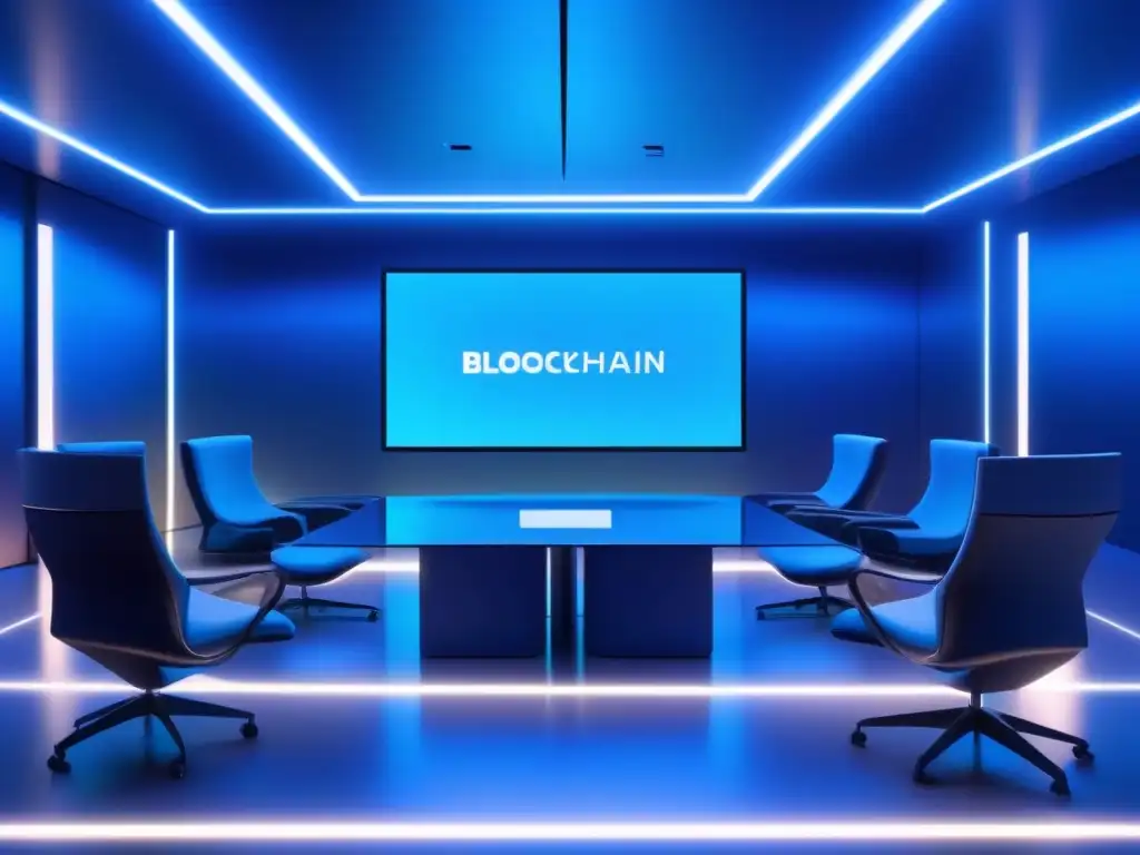 Sala de videoconferencias futurista con blockchain Profesionales en videoconferencia segura con Blockchain, en sala futurista con diseño minimalista y pantallas transparentes, iluminada en azul