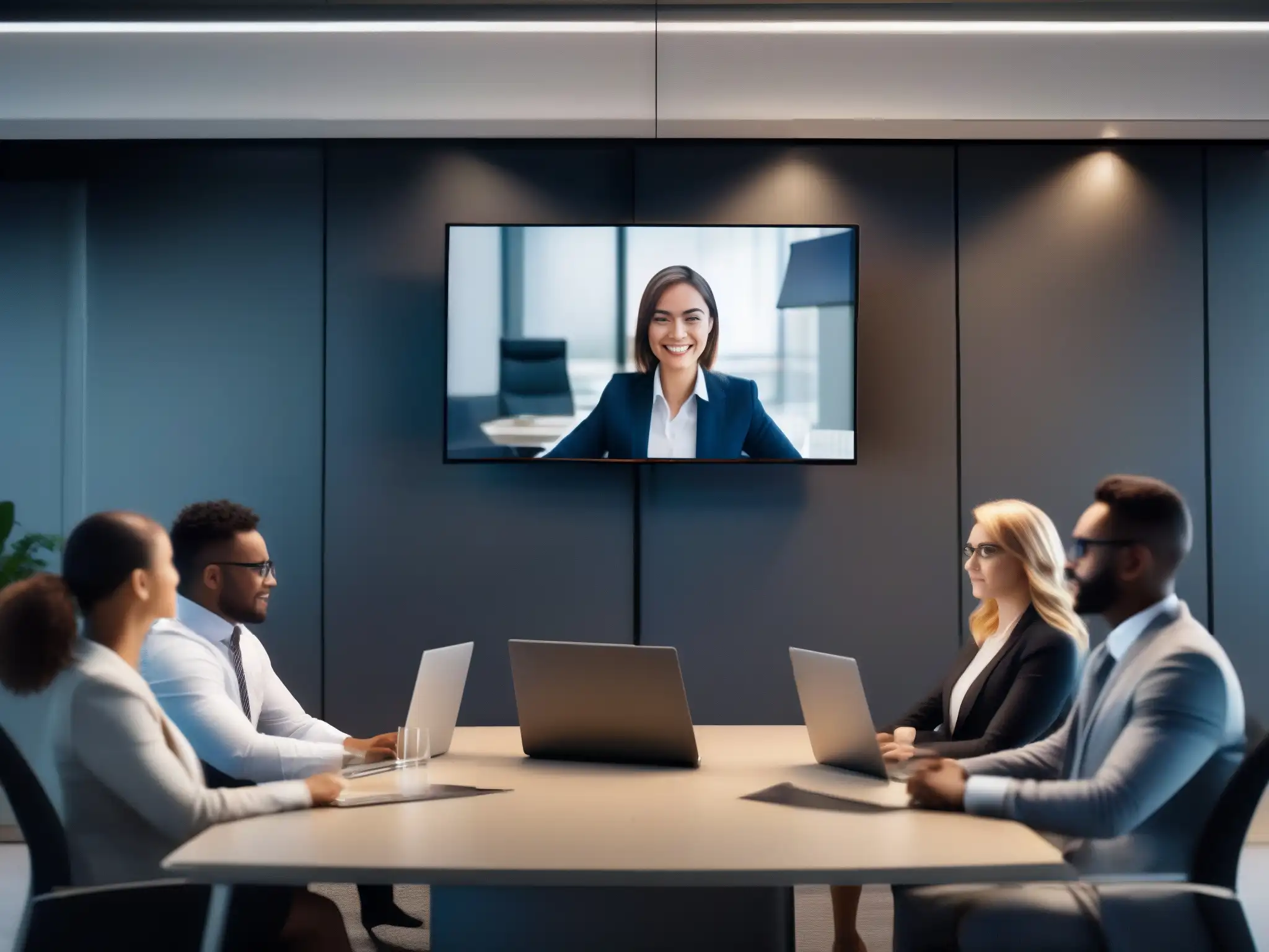 Videoconferencia profesional segura en oficina moderna Profesionales en videoconferencia segura con encriptación