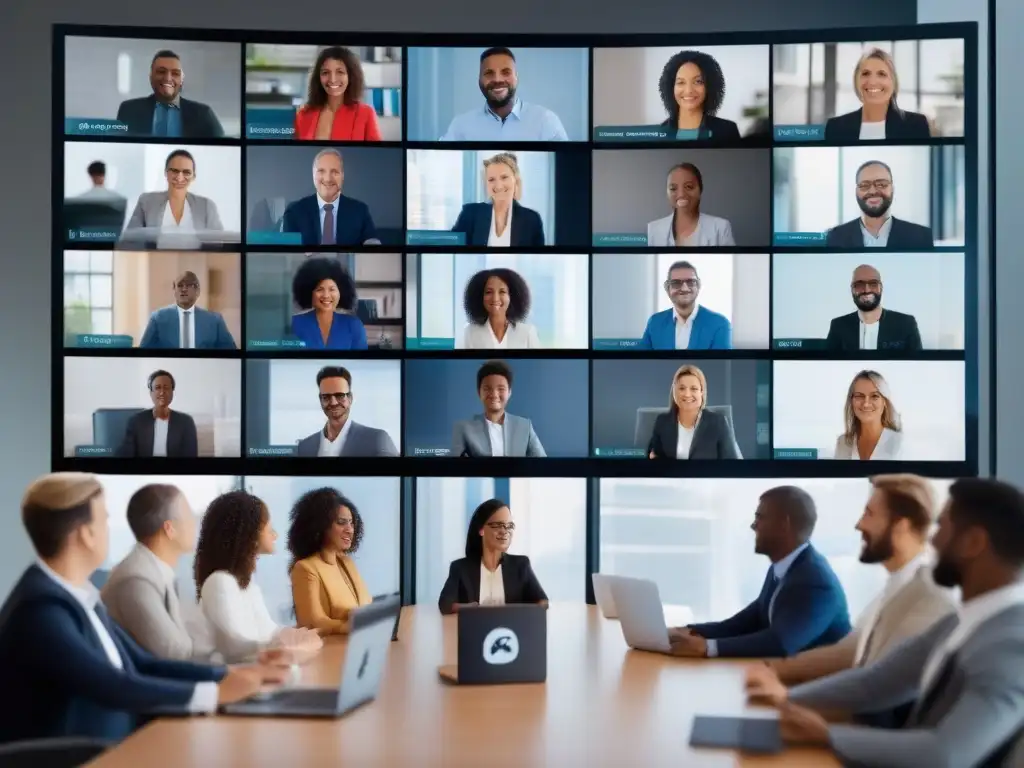 Conferencia de video segura y futurista con profesionales diversos Profesionales participan en una videoconferencia segura y encriptada con IA y ciberseguridad