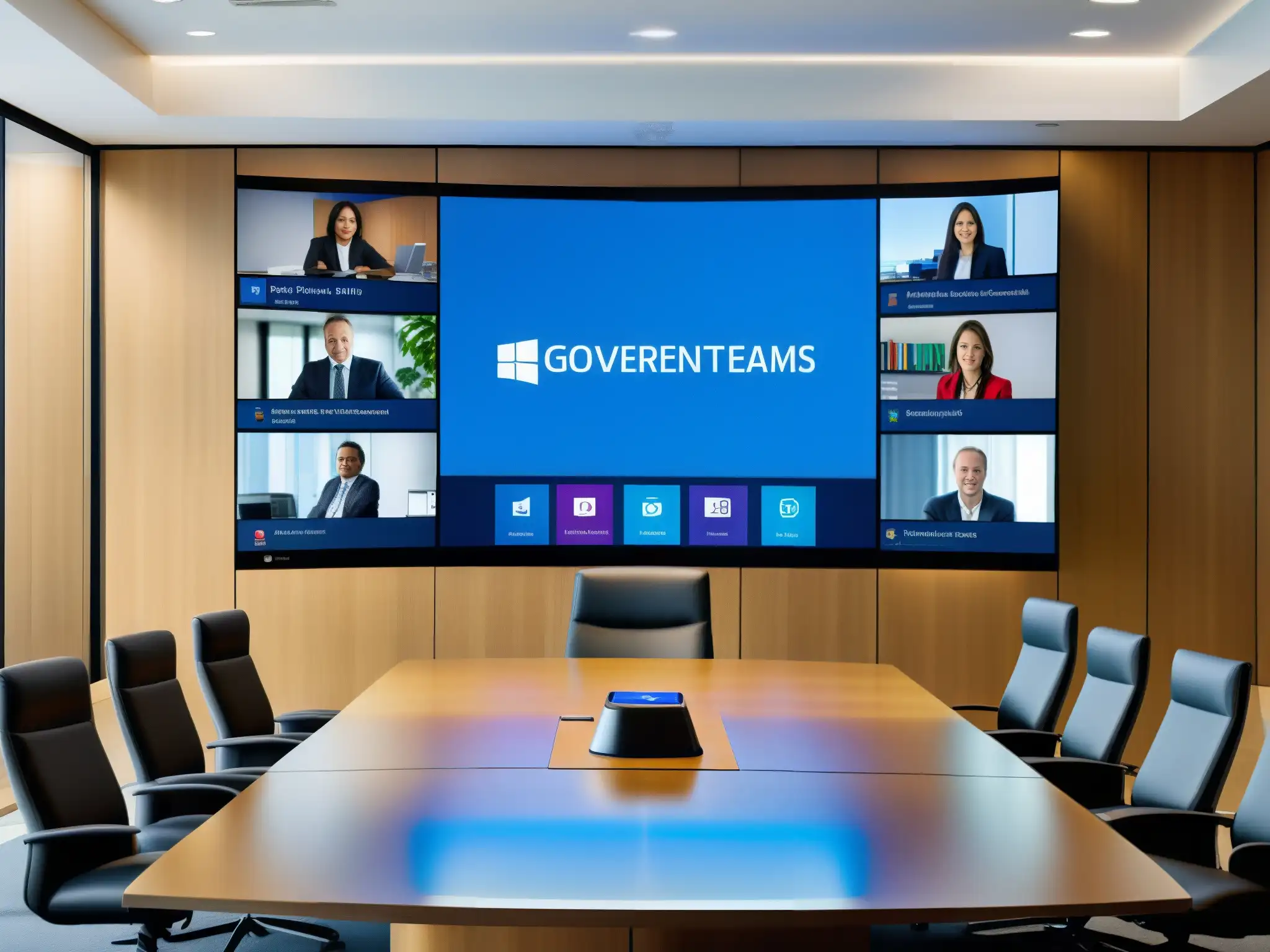 Sala de conferencias gubernamentales con tecnología de Microsoft Teams Profesionales en videoconferencia segura con Microsoft Teams en entorno gubernamental