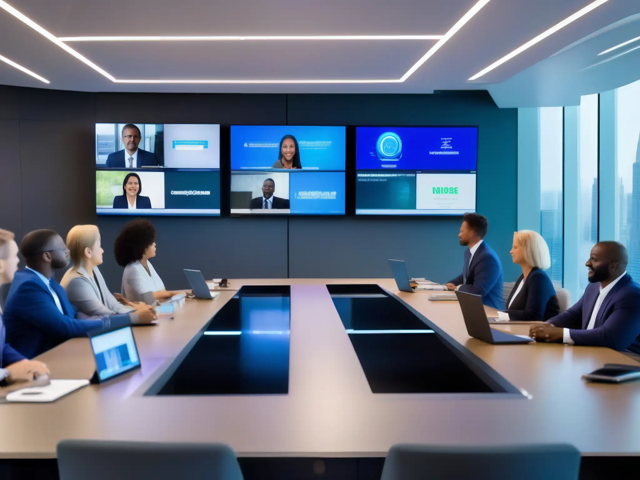 Reunión virtual segura y futurista con profesionales diversos Profesionales participando en una videoconferencia segura con implementación efectiva de protocolos de seguridad