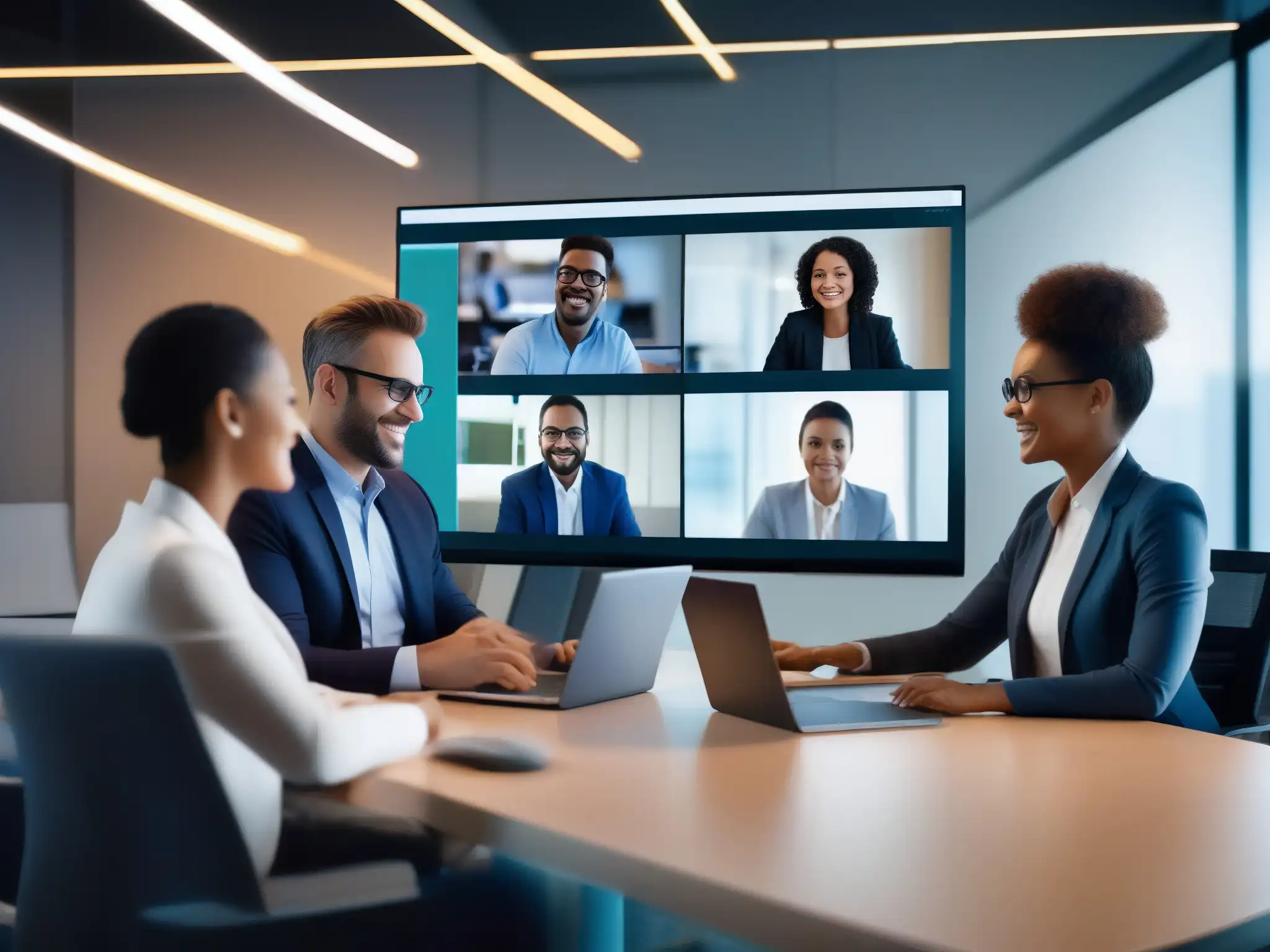 Videoconferencia segura y efectiva con profesionales comprometidos Profesionales participando en una videoconferencia segura, destacando la importancia de tácticas para videoconferencias seguras