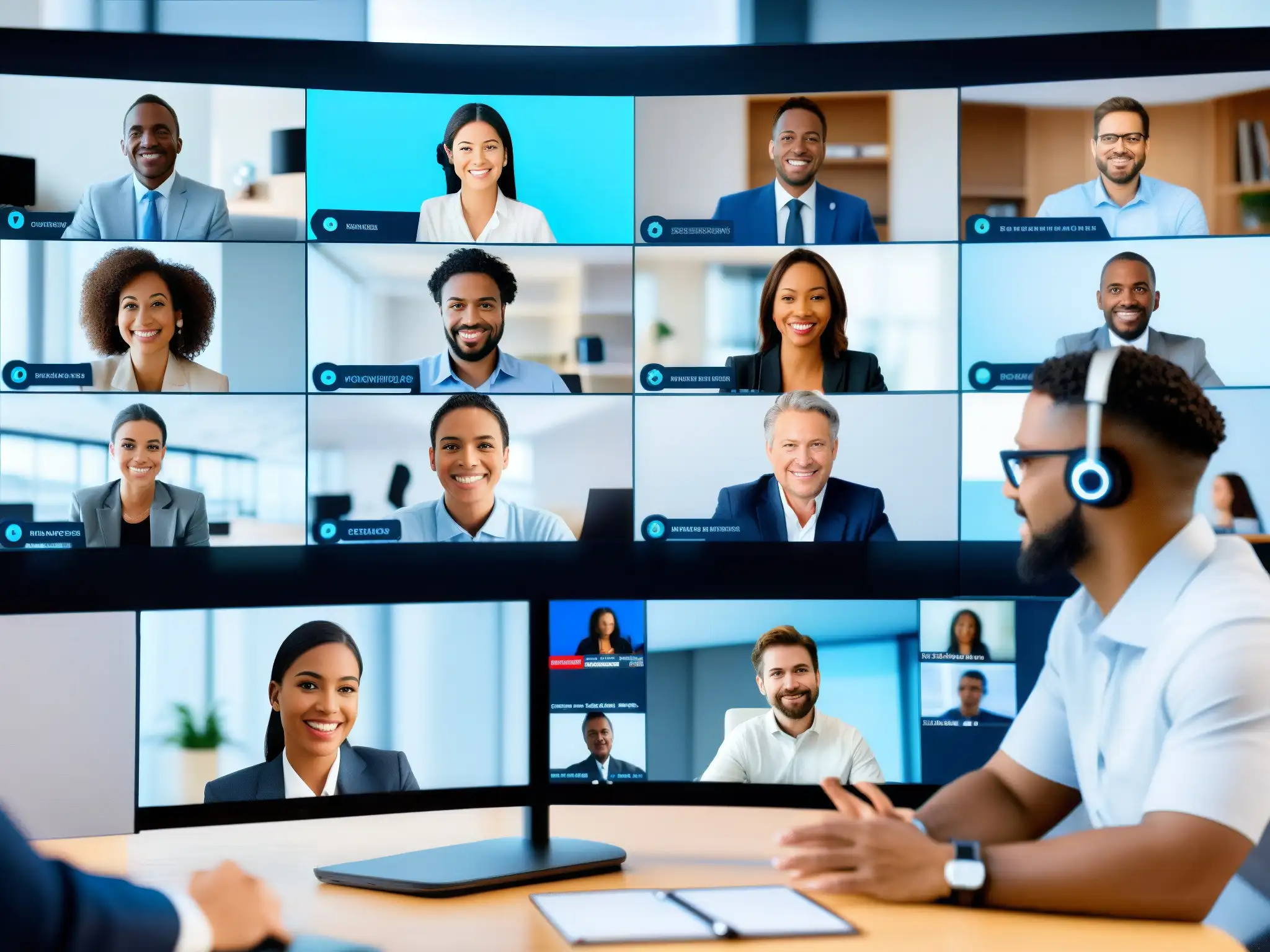 Profesionales seguros en videoconferencia Profesionales participan en videoconferencia segura, aplicando mejores prácticas ciberseguridad