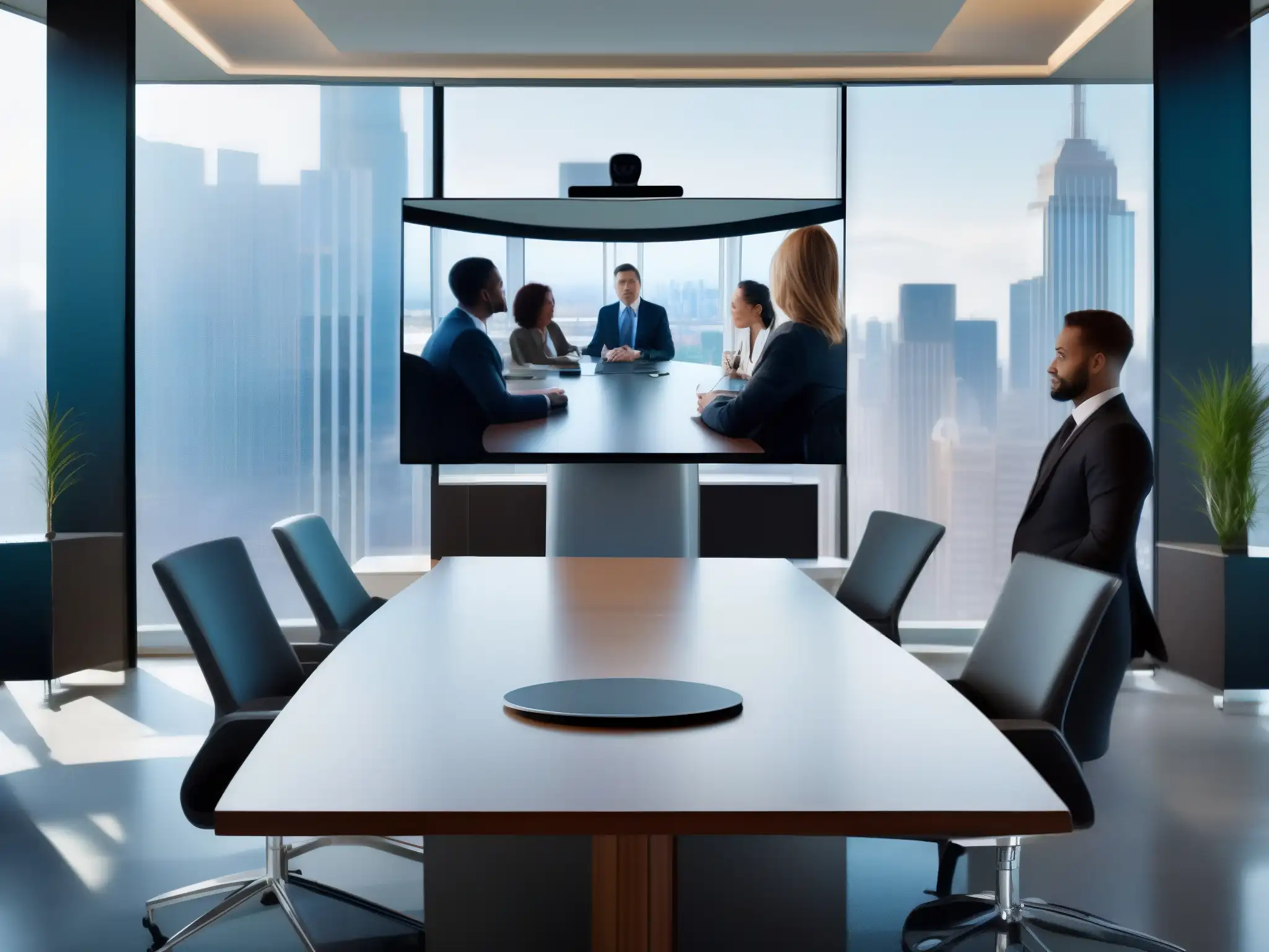 Videoconferencia profesional en oficina moderna Profesionales en videoconferencia segura en moderna oficina con vista a la ciudad