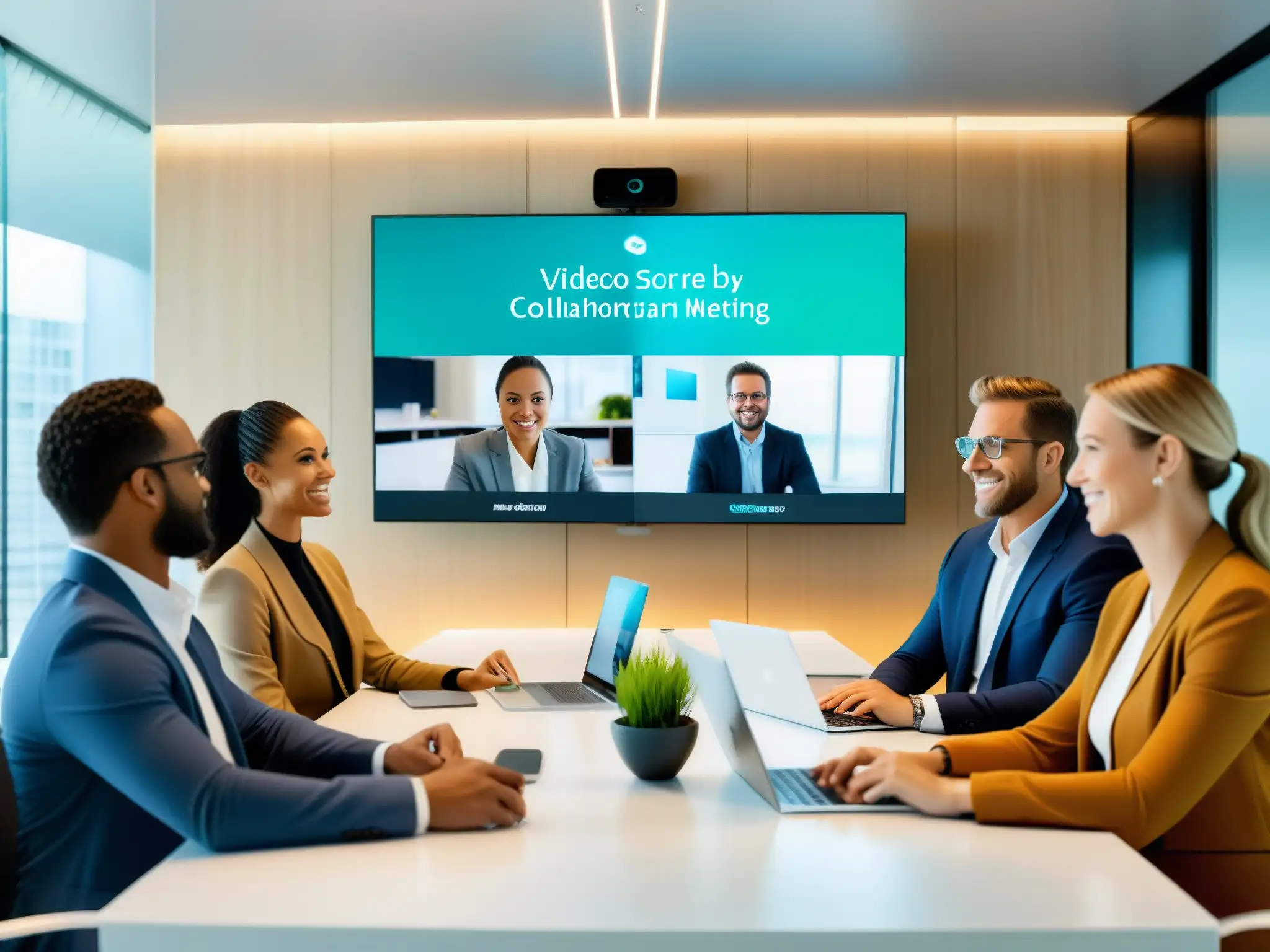Profesionales en videoconferencia segura con Webex de Cisco Profesionales en videoconferencia segura usando Webex de Cisco en una oficina moderna