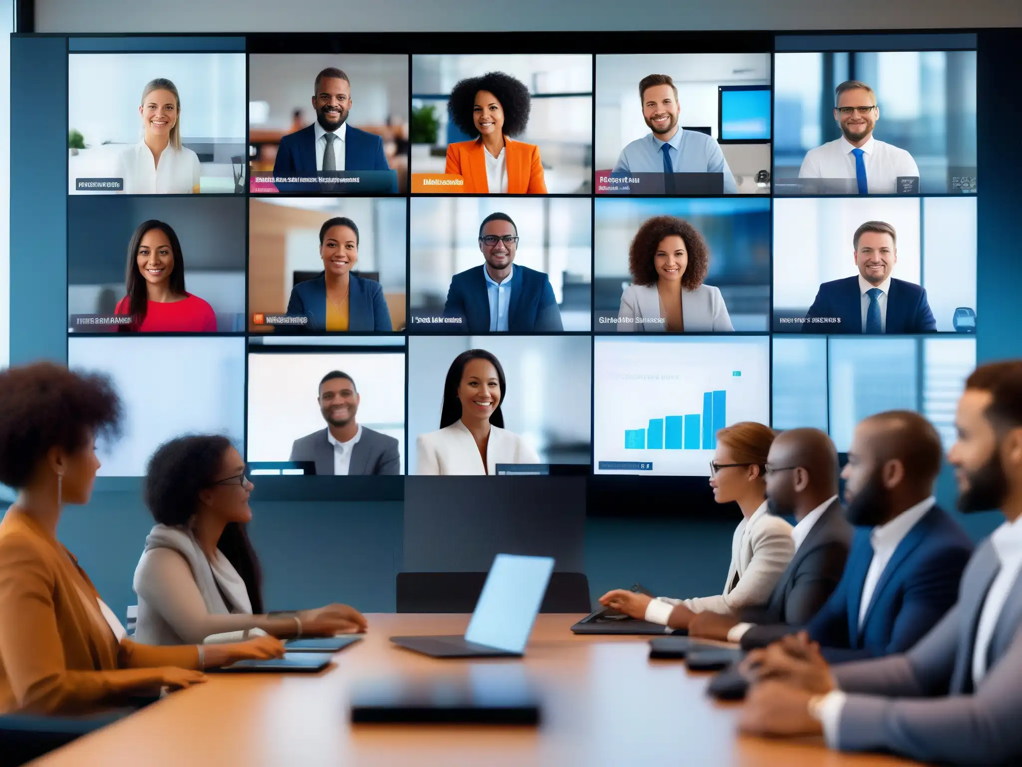 Videoconferencia segura y productiva: profesionales colaborativos Profesionales en videoconferencia segura y productiva, representando un entorno colaborativo y seguro para PYMES