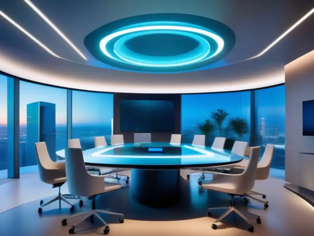 Sala de videoconferencia segura y futurista Profesionales en una videoconferencia segura, con protocolos de seguridad para videoconferencias en una sala futurista con iluminación profesional