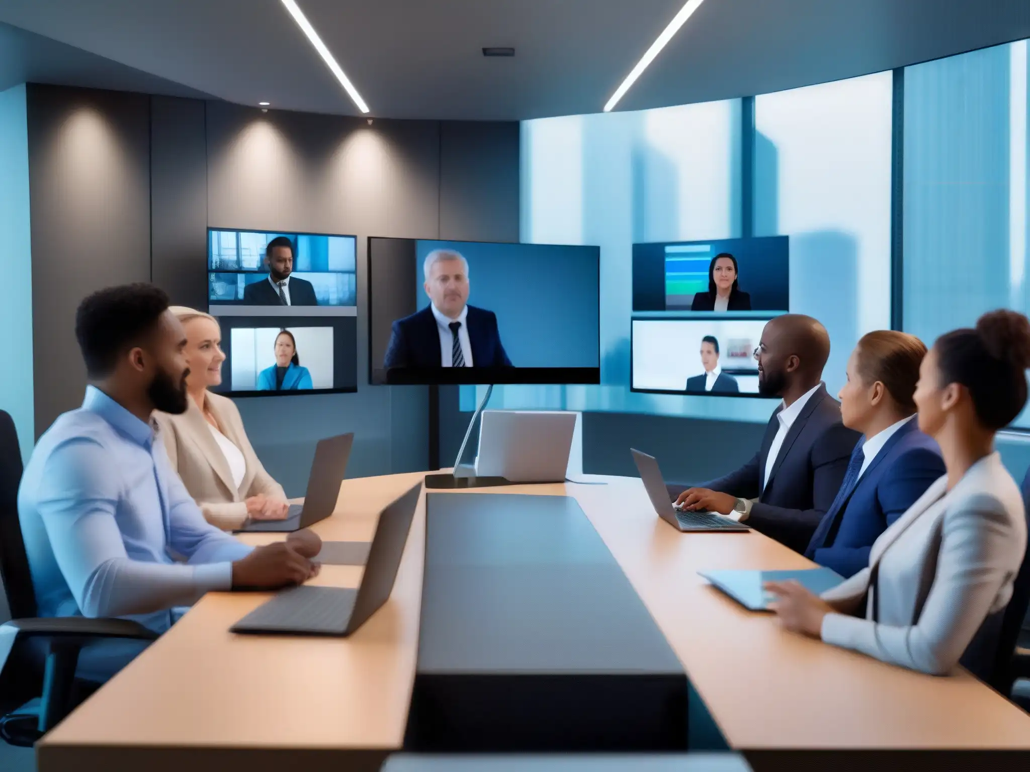 Conferencia virtual segura: profesionales en acción Profesionales participan en una videoconferencia segura, rodeados de avanzadas tecnologías emergentes