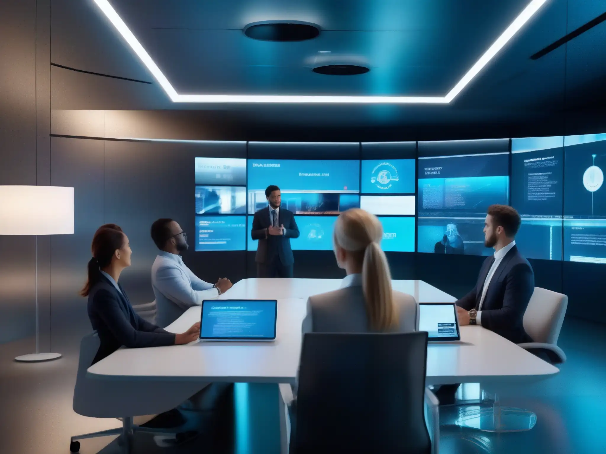 Sala de reuniones virtuales futurista con seguridad avanzada Profesionales en videoconferencia segura en una sala futurista con tecnologías emergentes de seguridad