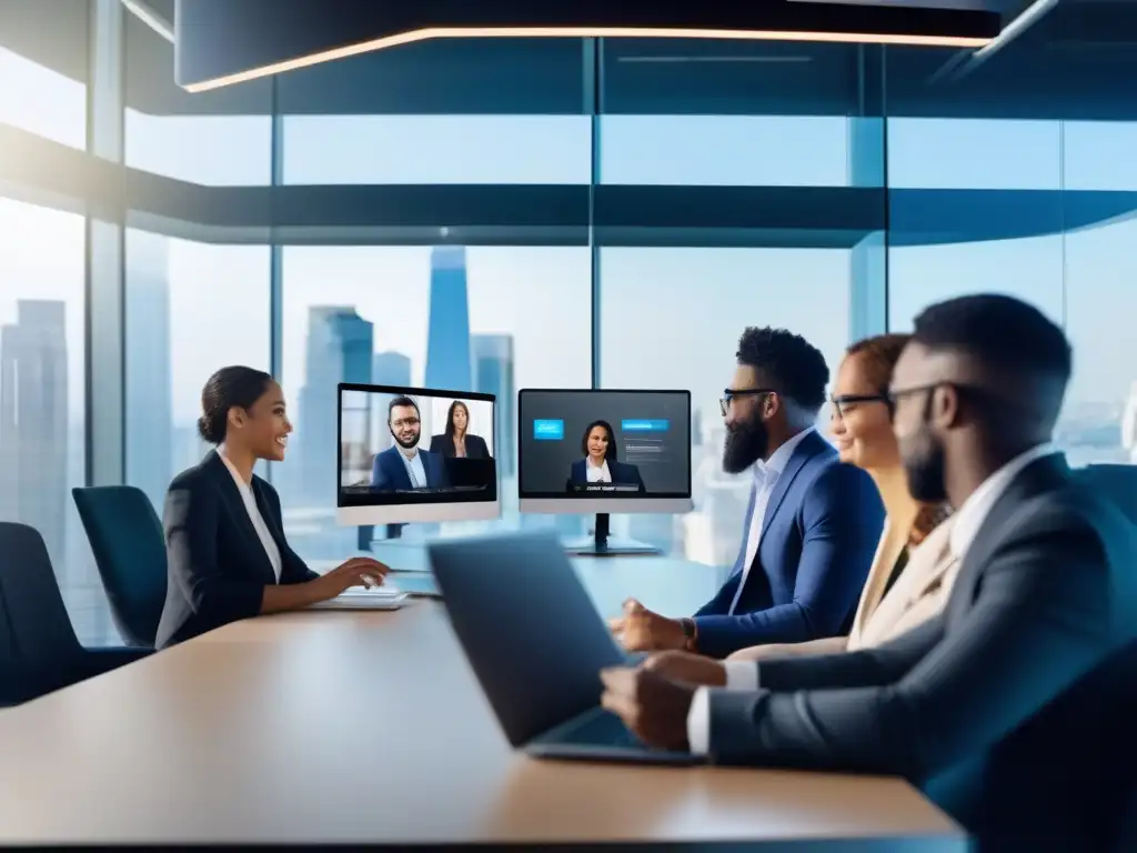 Videoconferencia segura y profesional en oficinas modernas Profesionales en videoconferencia segura, transmiten seguridad y profesionalismo
