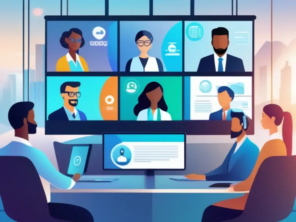 Profesionales en videoconferencia segura: tecnología futurista y colaboración diversa Profesionales en videoconferencia segura, con tecnología futurista y símbolos de encriptación