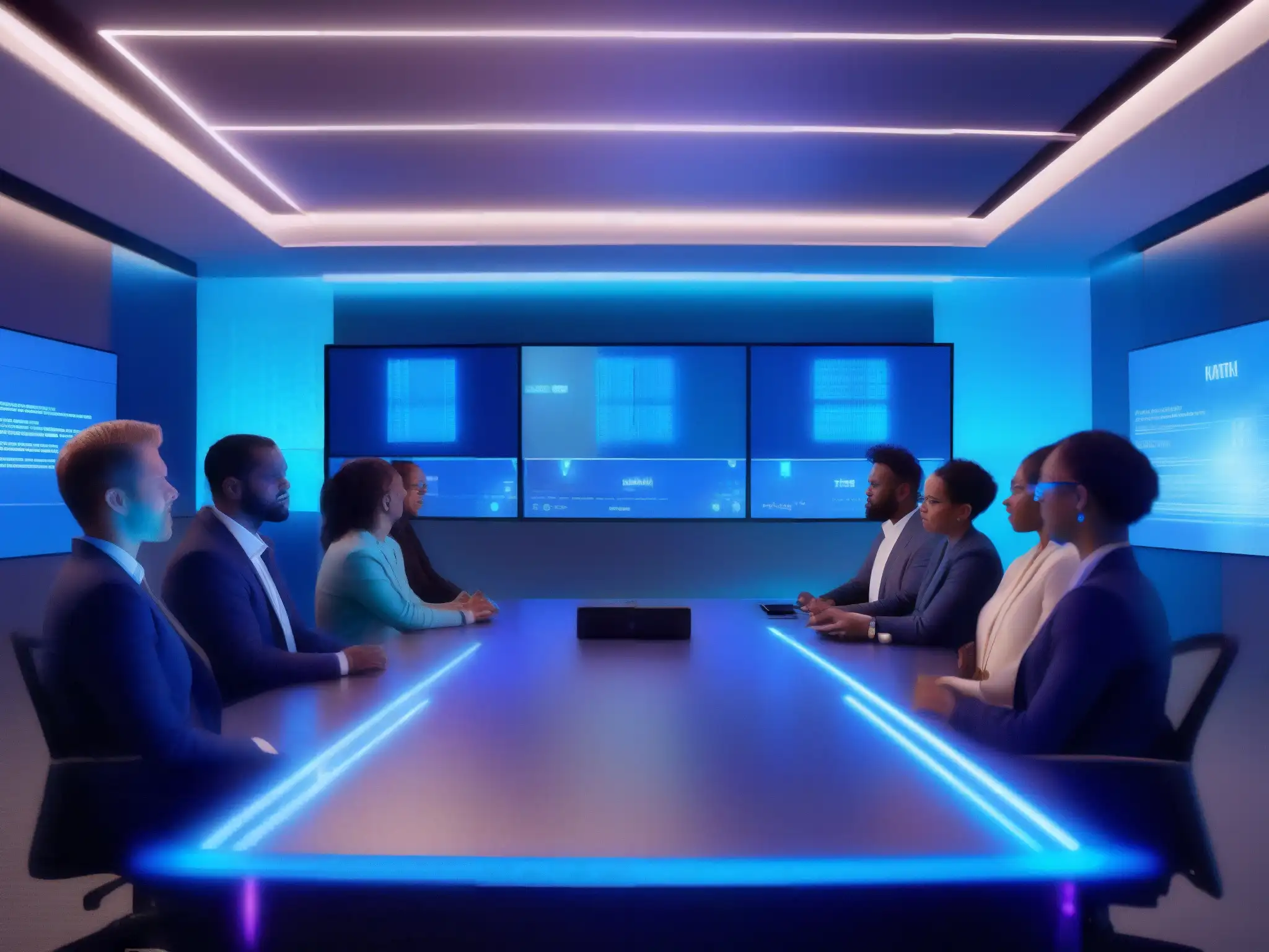 Profesionales seguros en videoconferencia holográfica Profesionales en videoconferencia segura con tecnologías emergentes, rodeados de hologramas protectores