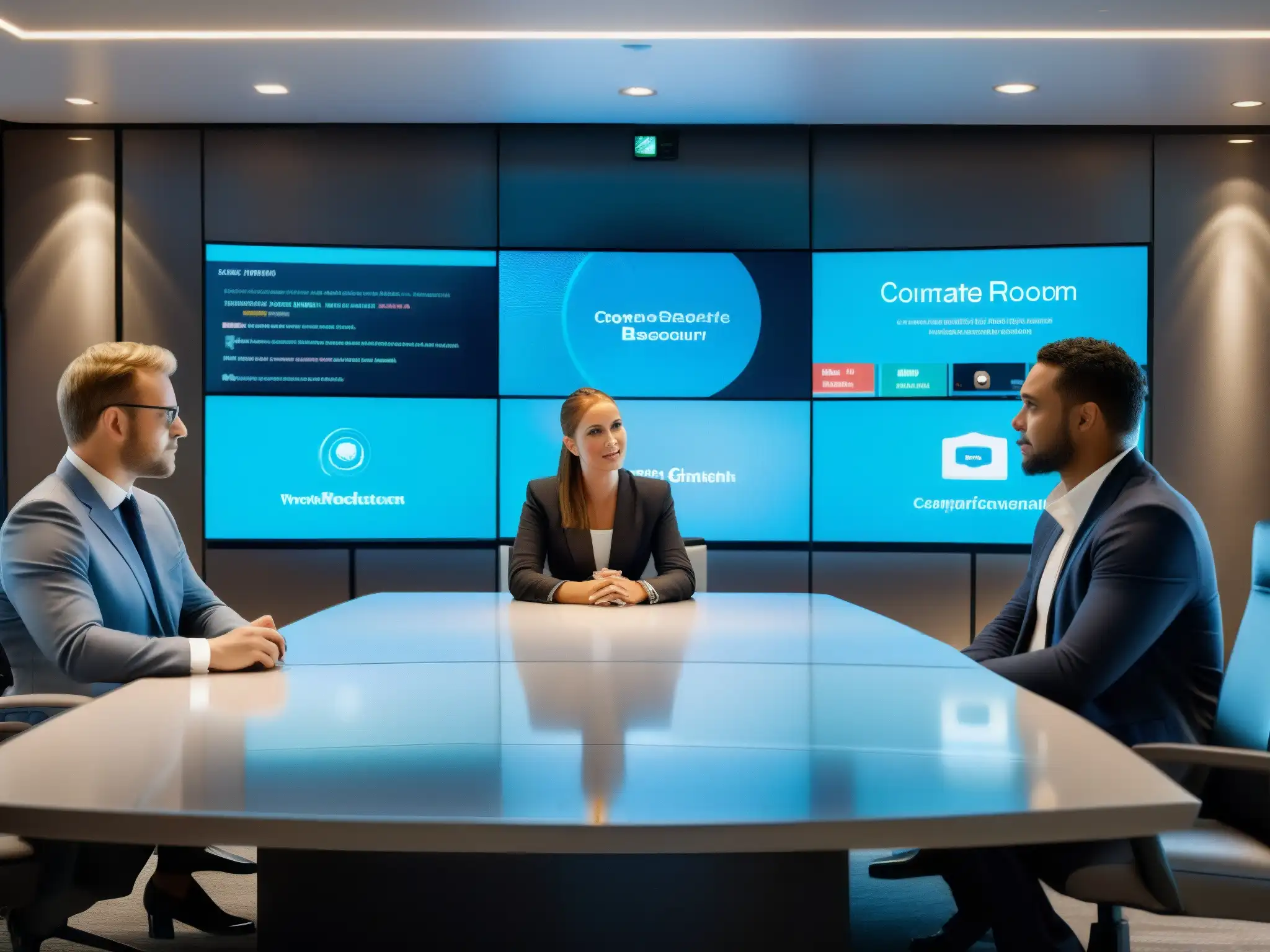 Sala de juntas moderna con videoconferencia y ciberseguridad Profesionales en videoconferencia discuten seguridad cibernética en un moderno y sofisticado salón de juntas corporativo