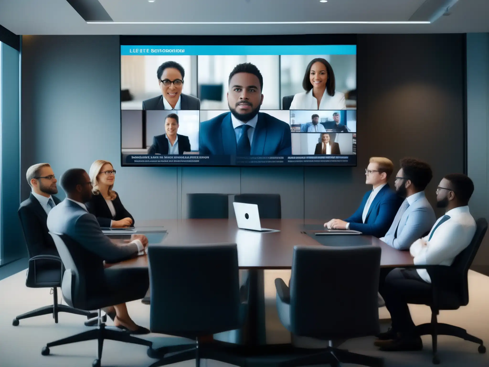 Profesionales debatiendo seguridad en videoconferencia Profesionales en videoconferencia discuten seguridad de datos