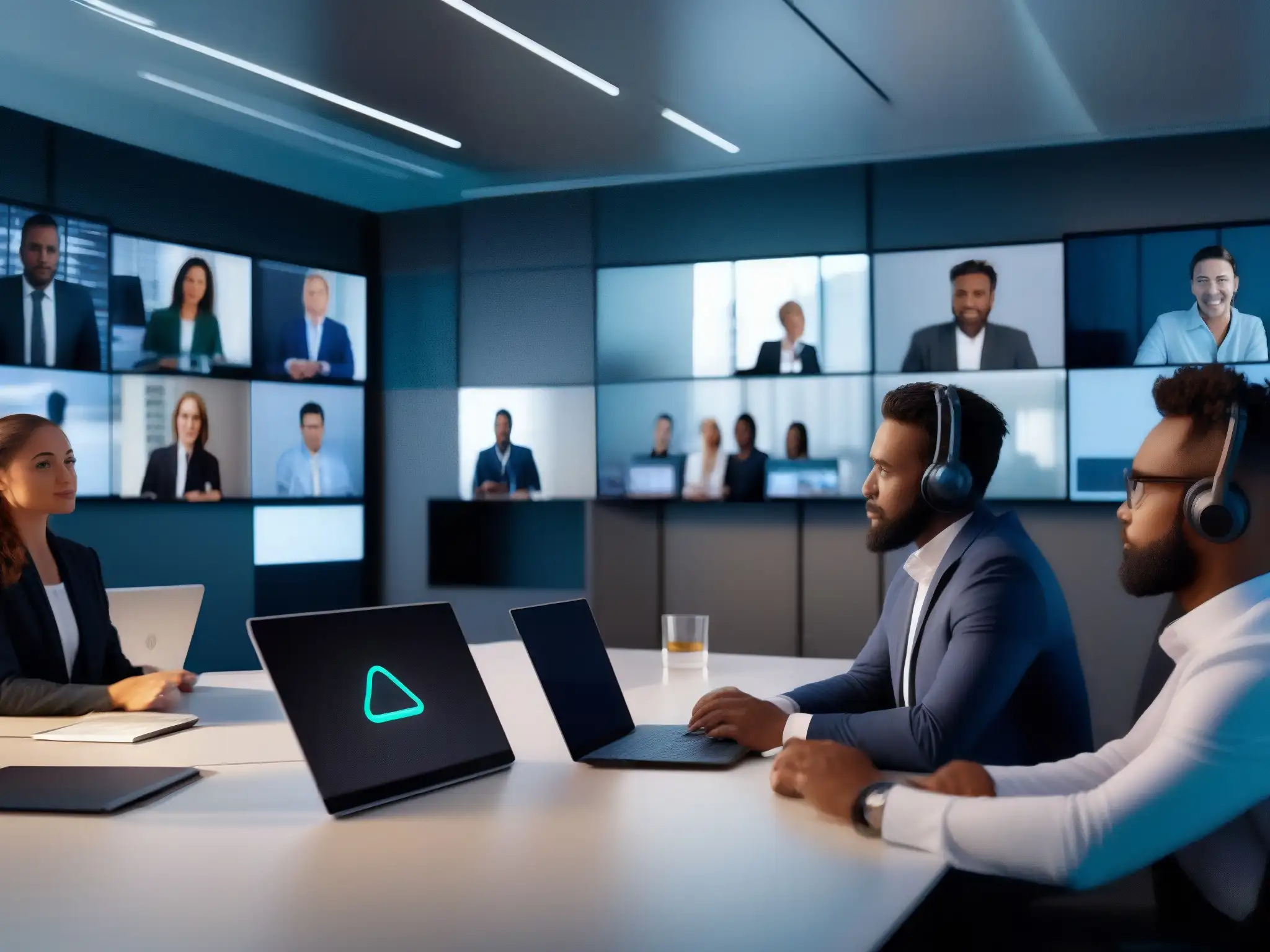 Profesionales seguros en videoconferencia Profesionales en videoconferencia asegurando la seguridad postreunión en un entorno moderno y sofisticado