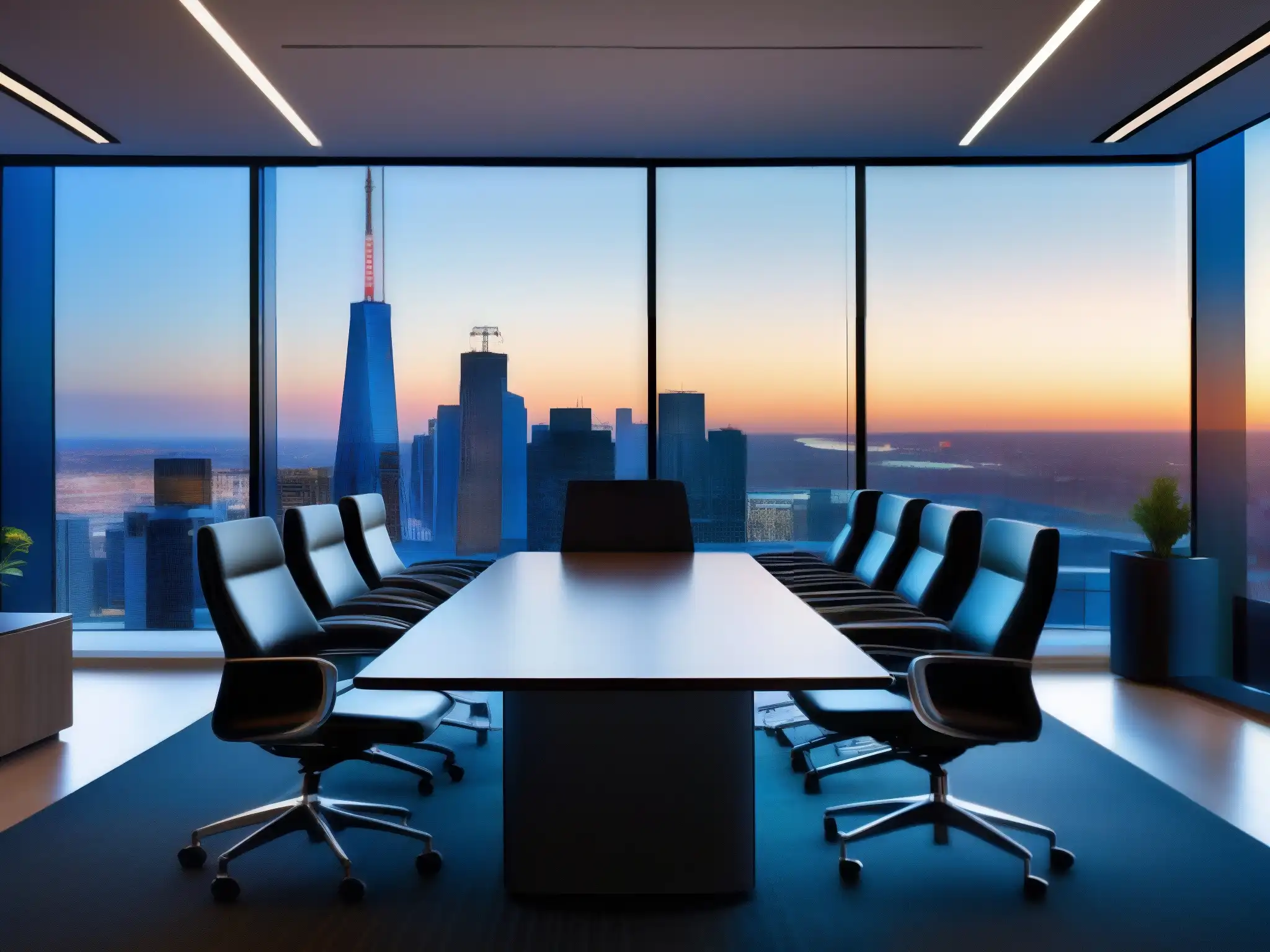 Conferencia virtual de alto rendimiento en la ciudad al atardecer Profesionales en videoconferencia: ambiente de seguridad y fiabilidad en videoconferencias con vista panorámica de la ciudad al atardecer