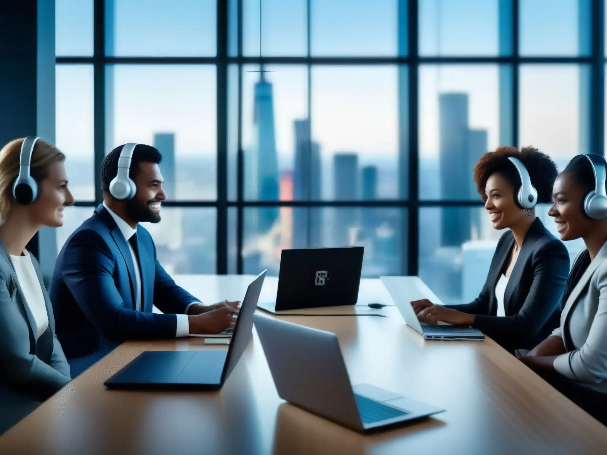 Conferencia virtual de profesionales en entorno moderno Profesionales en videoconferencia con seguridad óptima en VPN, en una sala moderna con vista a la ciudad