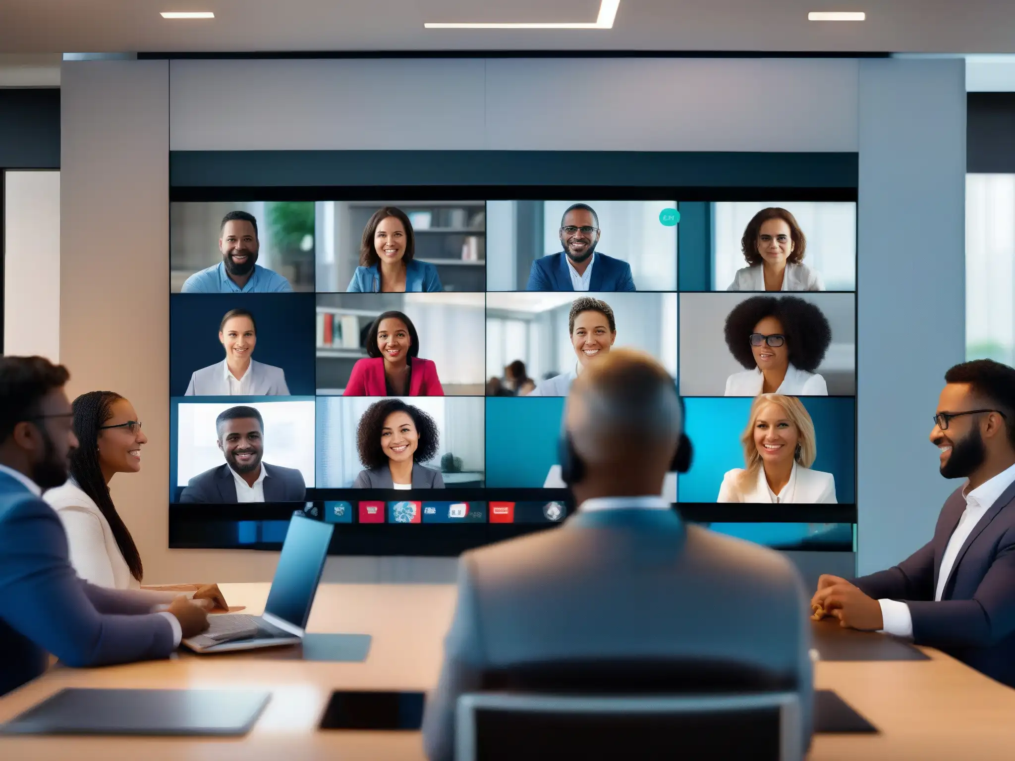 Profesionales seguros y colaborativos en videoconferencia Profesionales en videoconferencia, destacando la seguridad en plataformas de videoconferencia con expresiones de confianza y profesionalismo