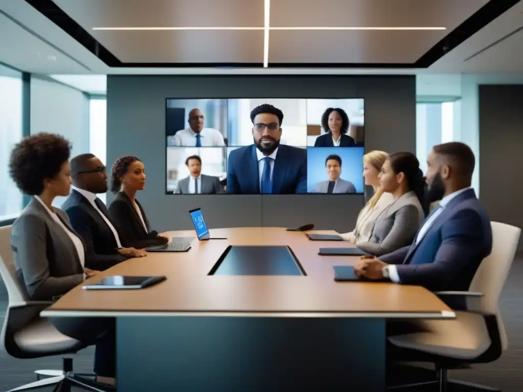 Videoconferencia profesional en sala moderna Profesionales en videoconferencia, proyectando seguridad y profesionalismo en sus prácticas