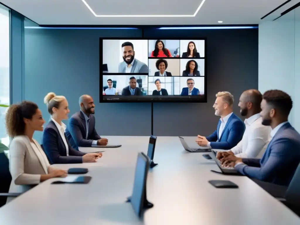 Videoconferencia profesional en ambiente innovador Profesionales colaborando en una videoconferencia con seguridad en videoconferencias con blockchain