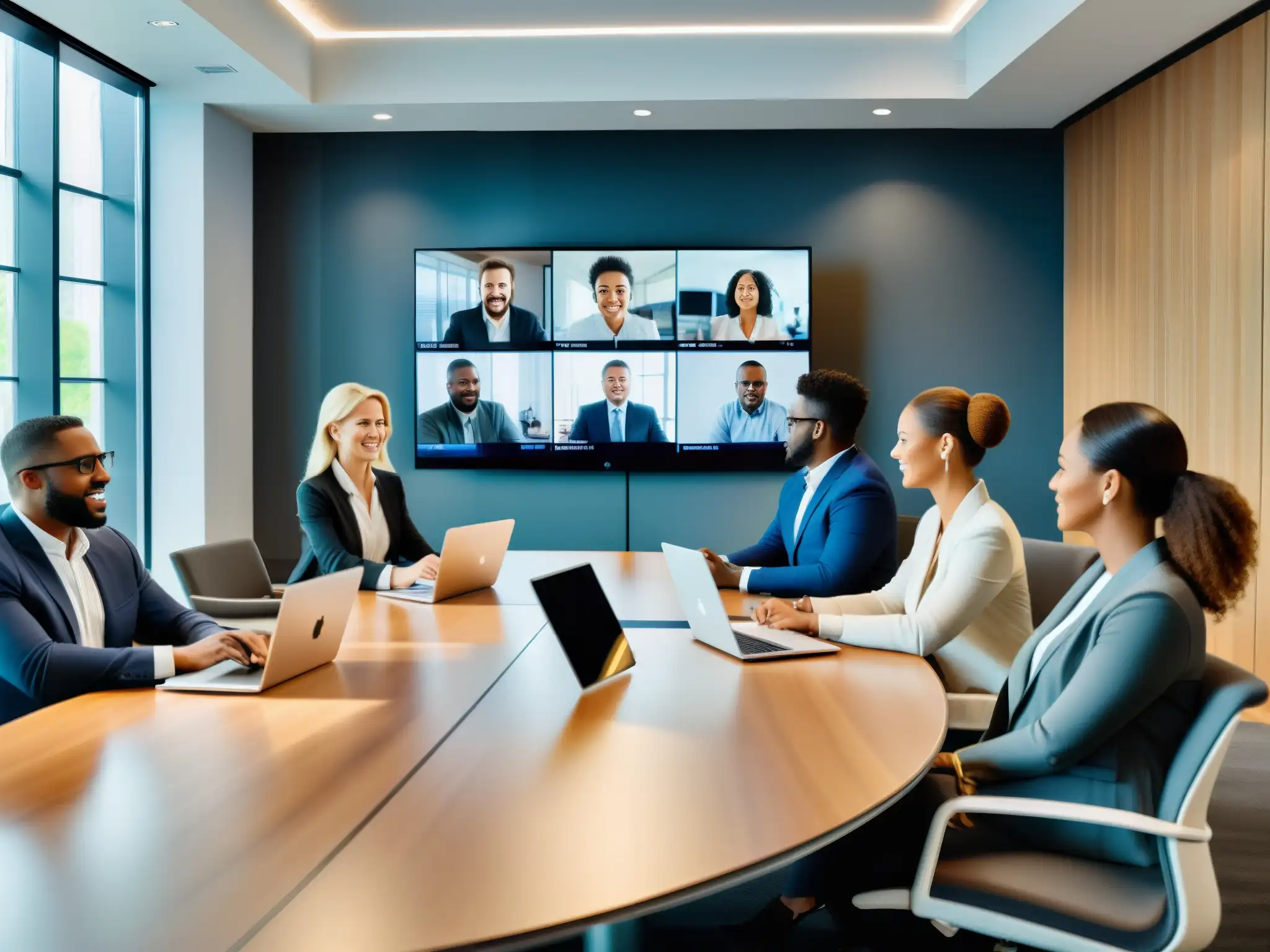 Videoconferencia profesional en sala moderna Profesionales en videoconferencia, seguros y concentrados