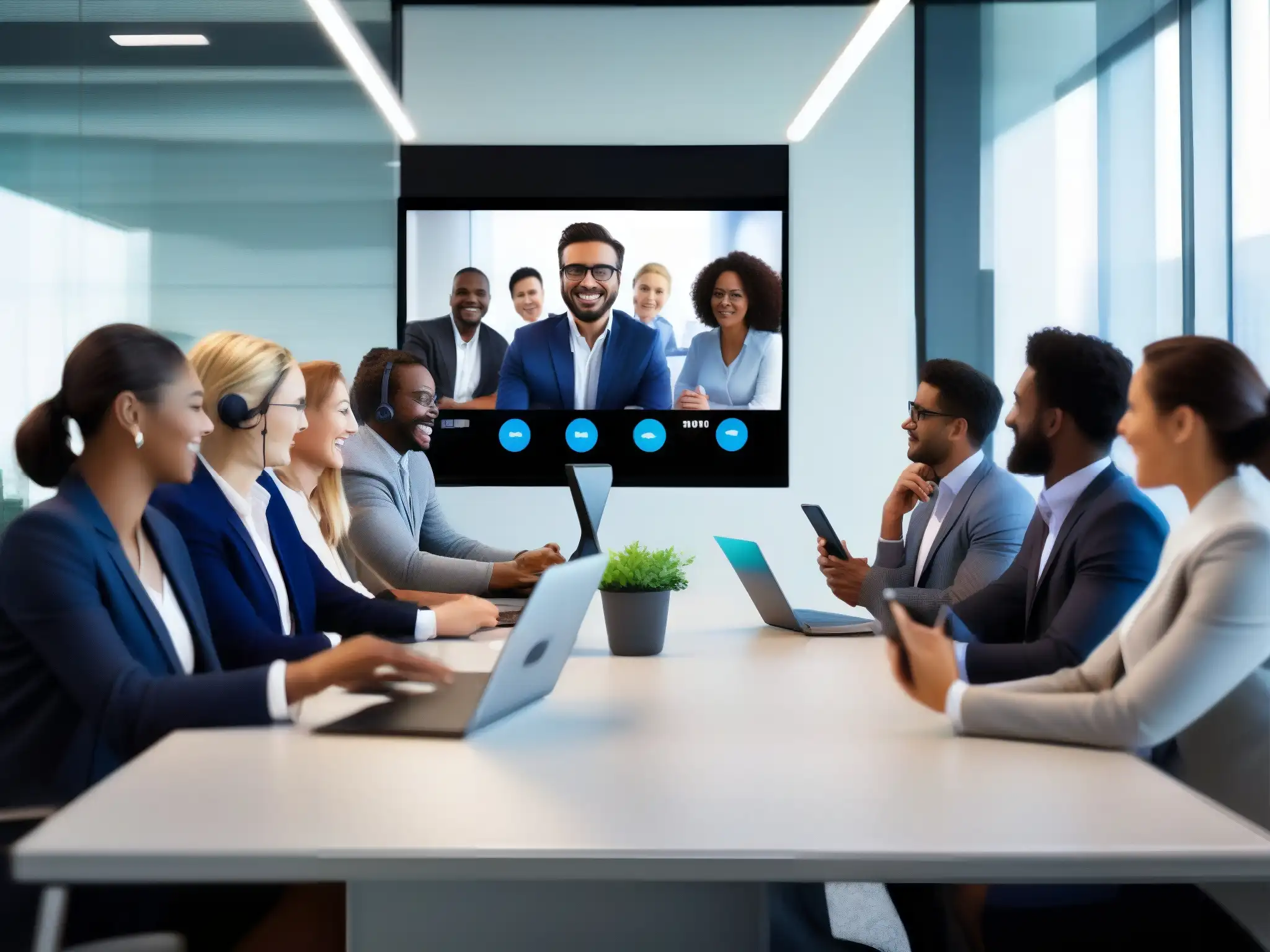 Profesionales en videoconferencia: colaboración eficiente Profesionales en videoconferencia en smartphone, colaborando con eficiencia en un moderno y luminoso espacio de oficina