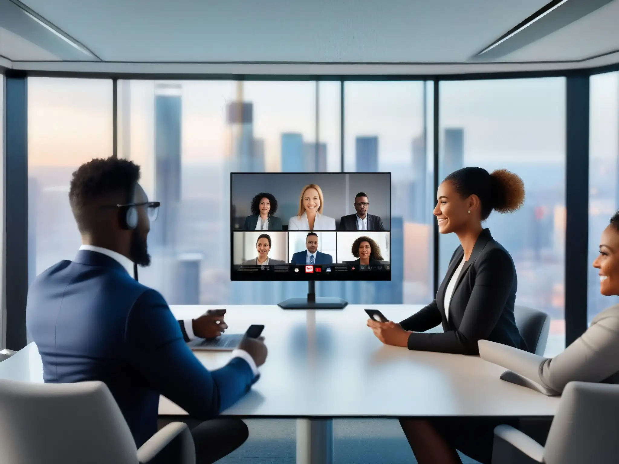 Profesionales en videoconferencia: eficiencia moderna en la oficina Profesionales en videoconferencia en smartphones, con interfaz moderna y vista urbana