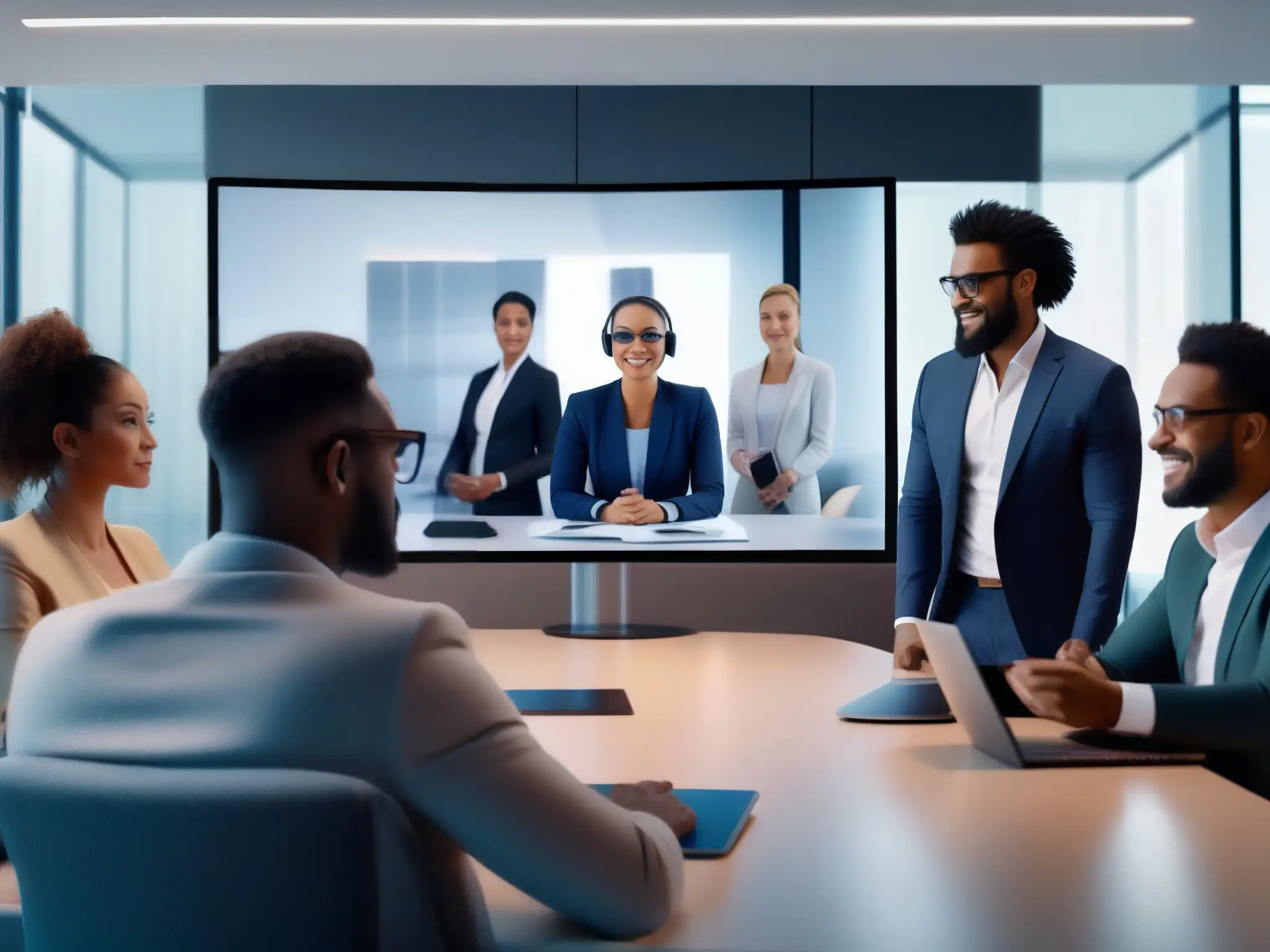 Conferencia virtual de profesionales en un entorno futurista Profesionales en videoconferencia con smartphones en oficina futurista