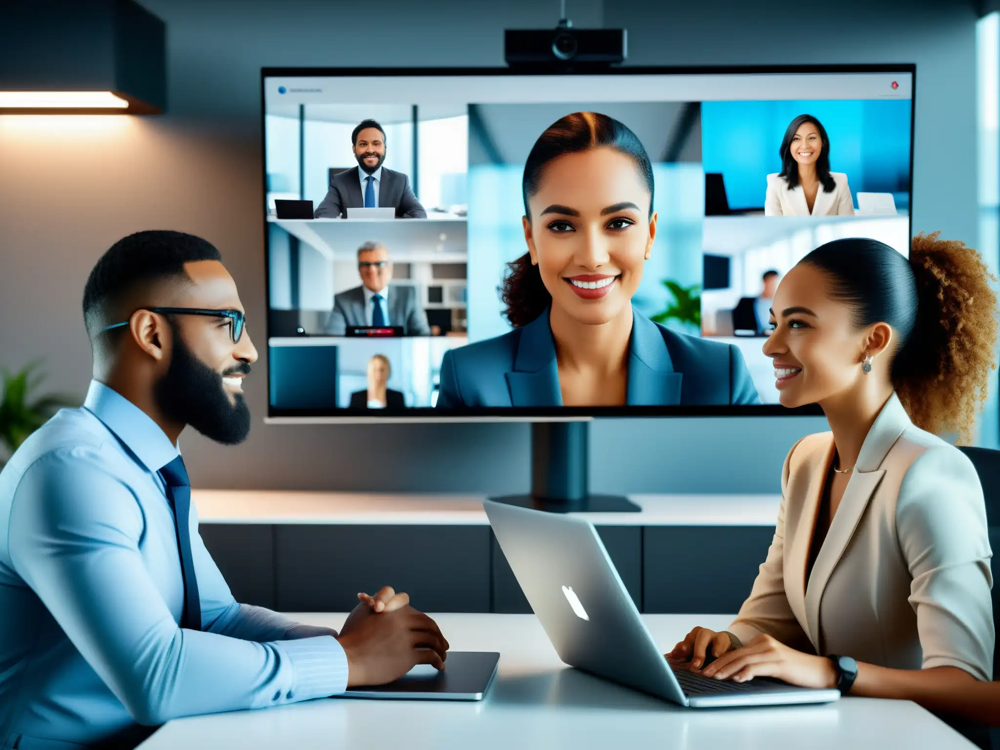 Videoconferencia en 8K: Profesionales en detalle Profesionales en videoconferencia 8K, transmitiendo sofisticación y necesidad de resolución 4K 8K videoconferencias en ambiente de oficina moderno