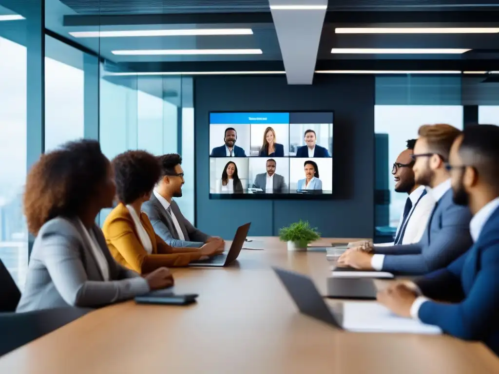 Reunión virtual de profesionales en oficina moderna Profesionales colaborando en videoconferencia con software de productividad en oficina moderna