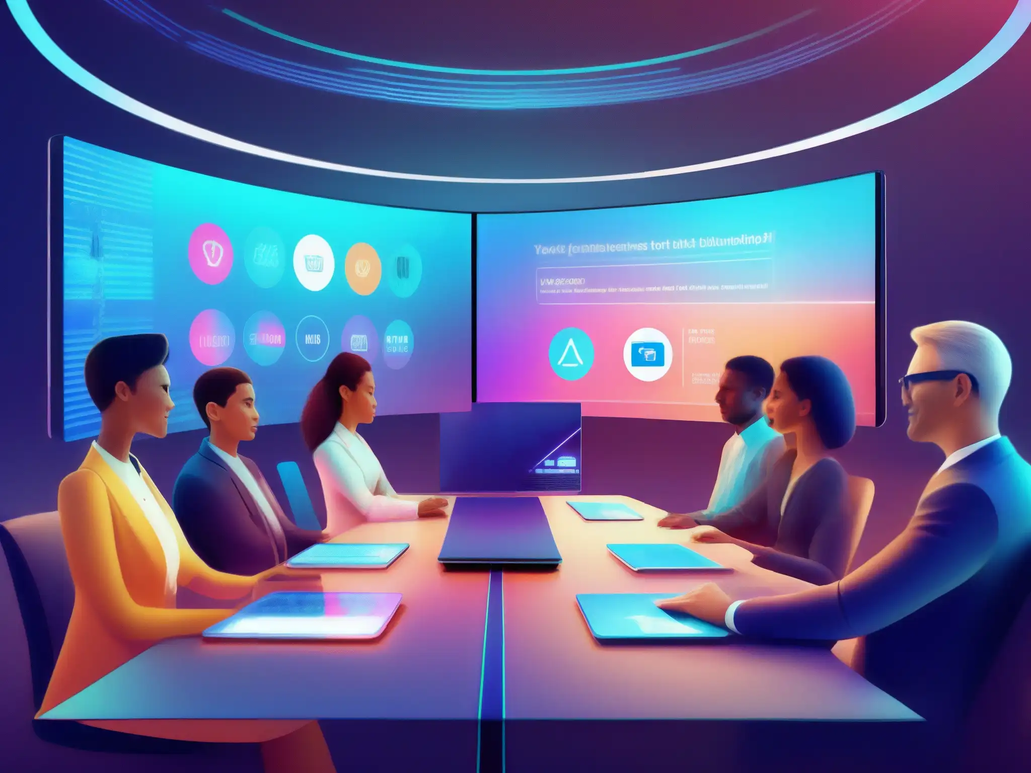 Conferencia de realidad aumentada: Profesionalismo futurista Profesionales en videoconferencia con software de realidad aumentada en entorno futurista y minimalista