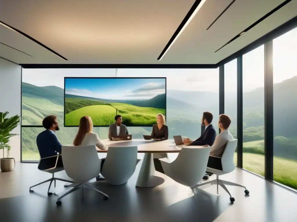 Reunión de profesionales en oficina ecológica Profesionales en videoconferencia sostenible, colaborando en un espacio moderno con vistas panorámicas