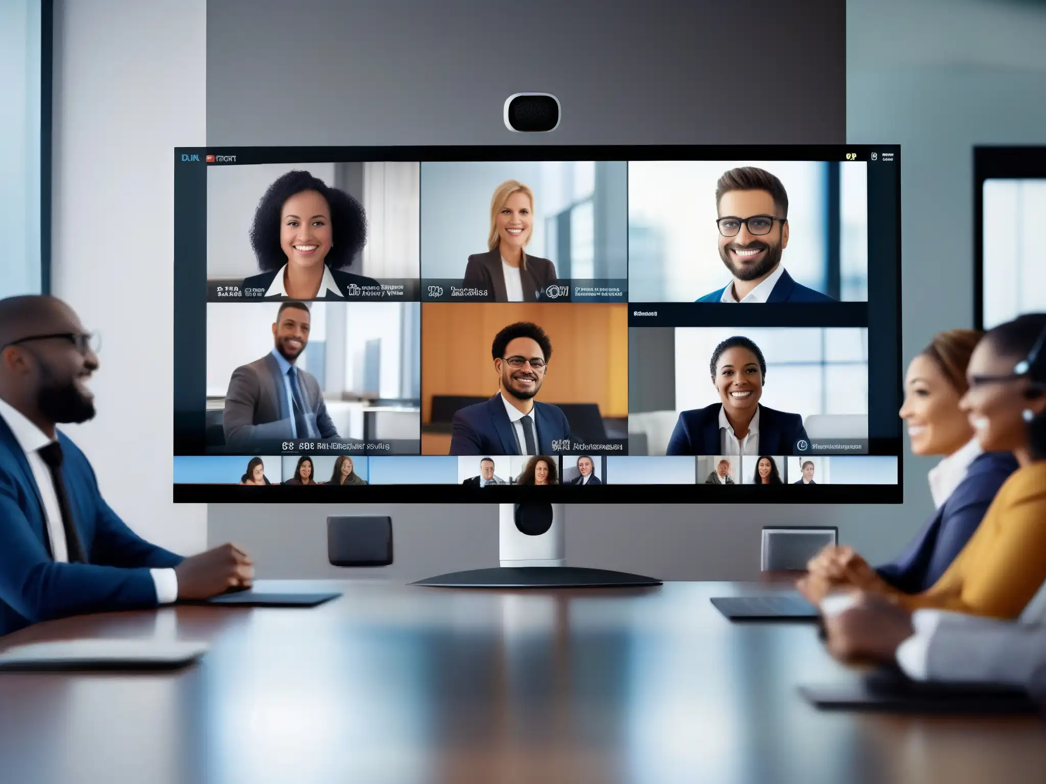 Videoconferencia colaborativa con subtítulos en tiempo real Profesionales diversos colaboran en videoconferencia, con subtítulos en tiempo real