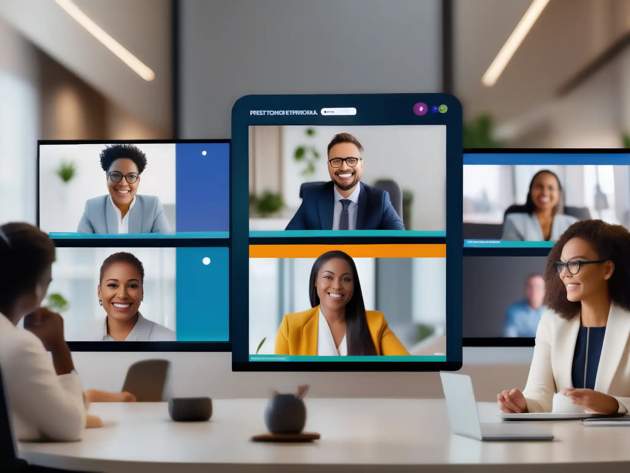 Profesionales en videoconferencia: La nueva era del networking virtual Profesionales participan en una videoconferencia, intercambiando tarjetas y presentaciones