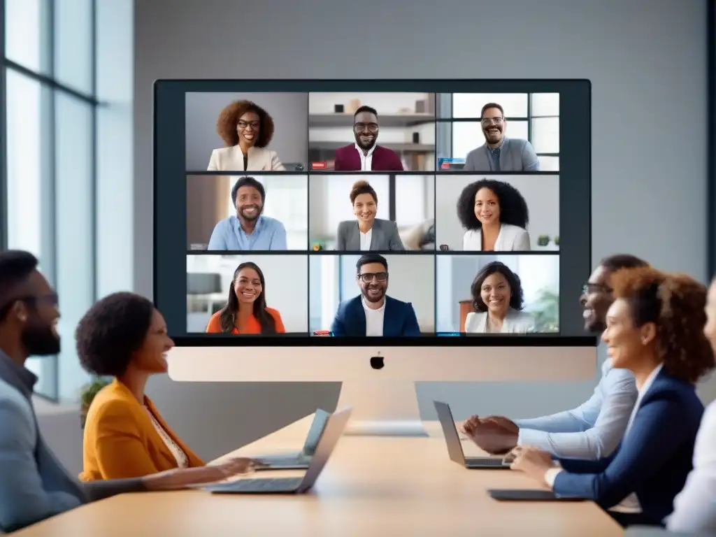 Colaboración global: Profesionales diversificados en videoconferencia Profesionales colaborando en una videoconferencia con tecnología de API abiertas, destacando la importancia de la conectividad global