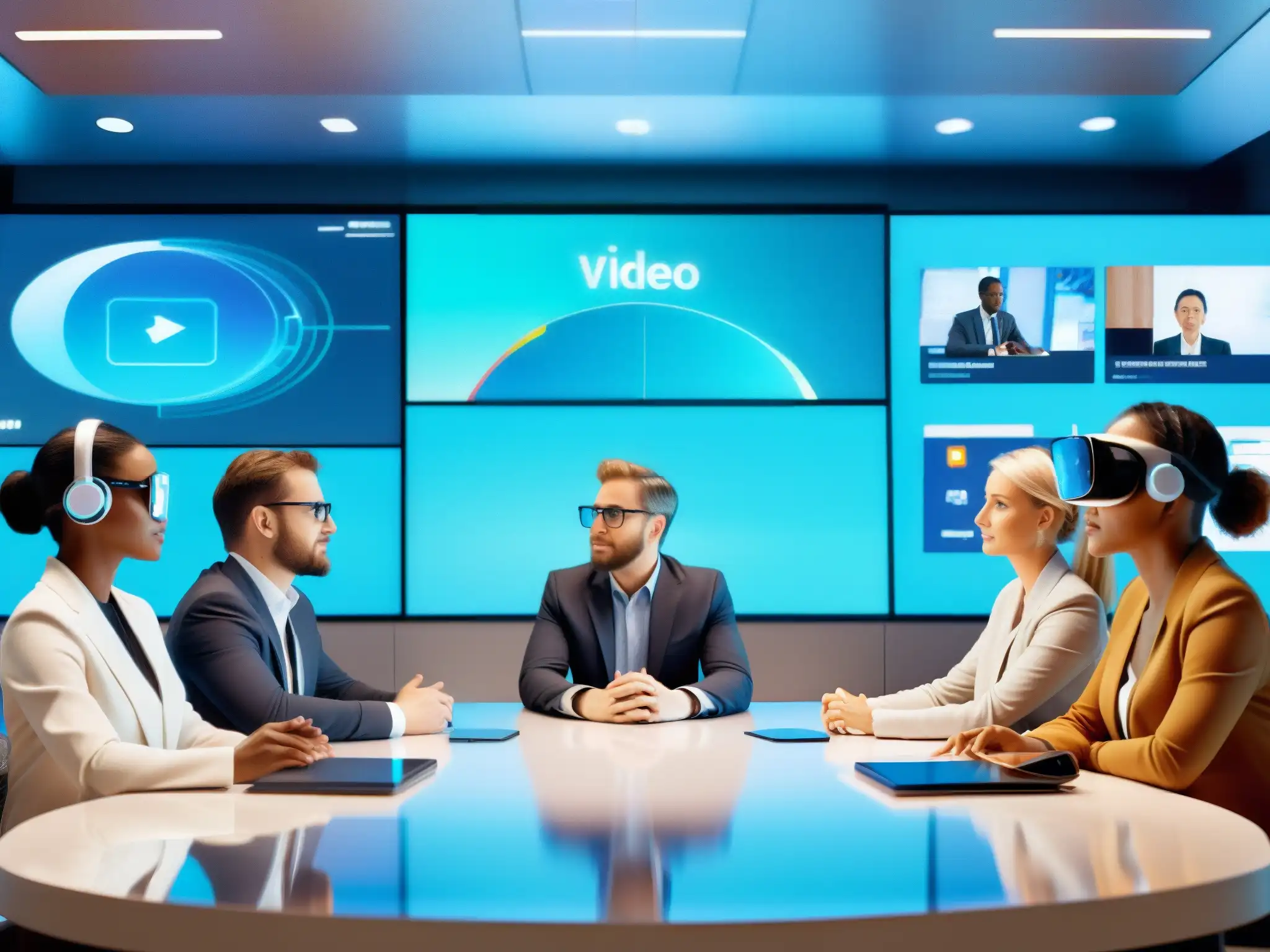 Reunión virtual futurista: profesionales en acción Profesionales en videoconferencia con tecnología futurista, evocando la regulación de contenidos en videoconferencias
