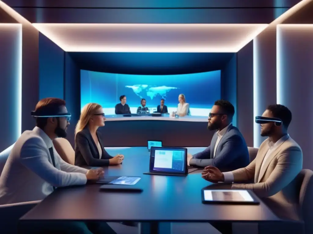 Conferencia futurista de realidad aumentada en la ciudad Profesionales en videoconferencia con tecnología futurista