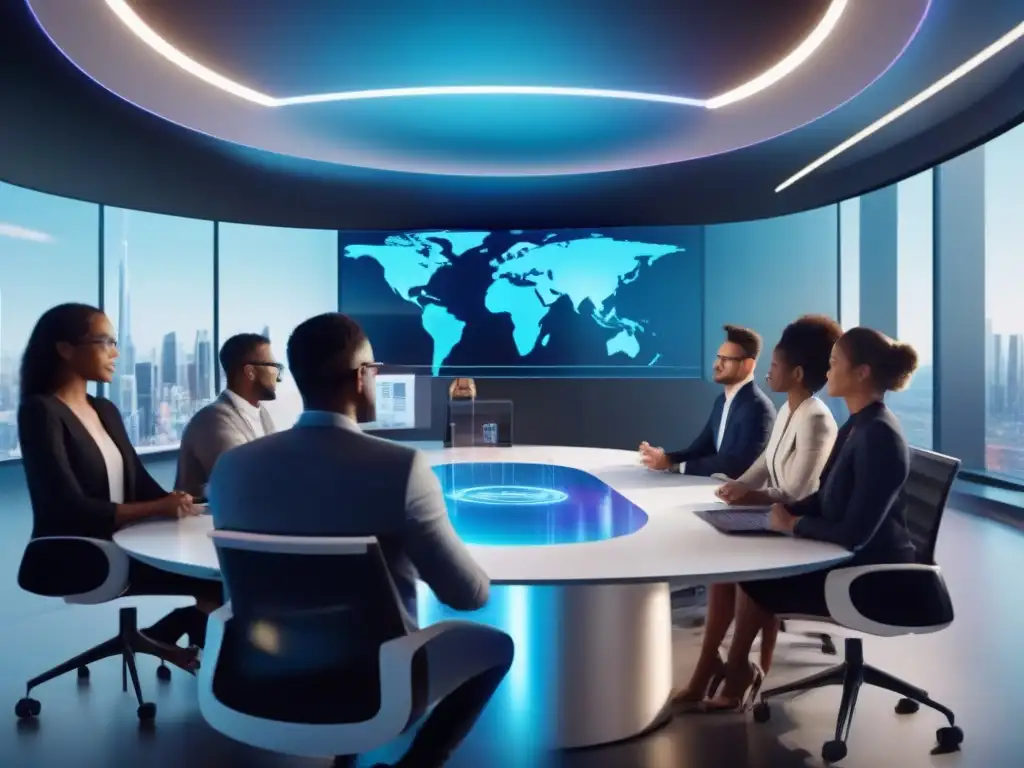Reunión virtual futurista: profesionales en videoconferencia Profesionales en videoconferencia con tecnología futurista en un entorno moderno, reflejando las tendencias de trabajo en equipo