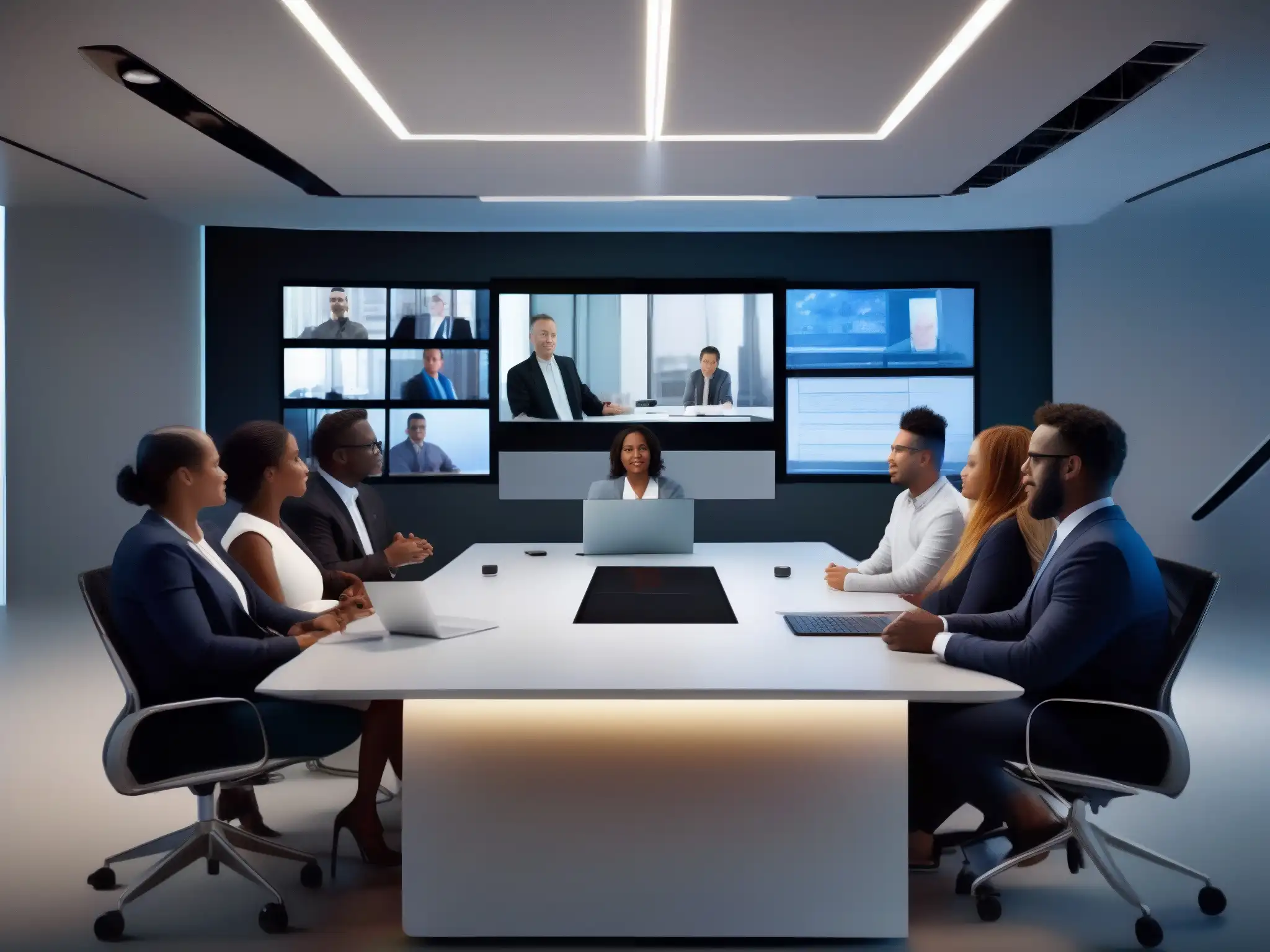 Reunión virtual de profesionales: colaboración eficiente Profesionales colaborando en una videoconferencia, utilizando tecnología moderna y técnicas de facilitación para una reunión productiva y eficiente
