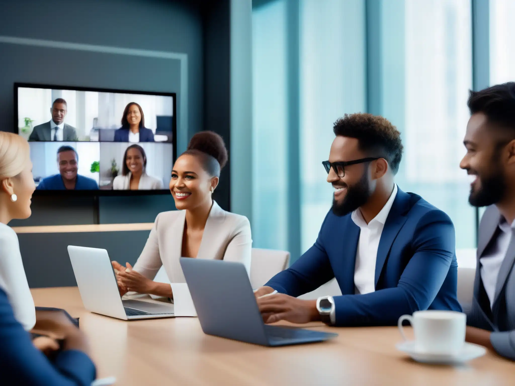 Profesionales diversificados colaborando en videoconferencia Profesionales diversos colaboran en una videoconferencia con tecnología moderna y conexión de alta calidad