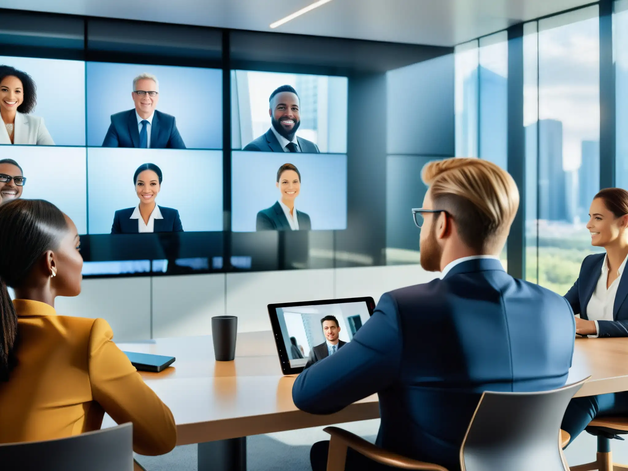 Videoconferencia profesional: colaboración eficiente Profesionales en videoconferencia con tecnología moderna y ambiente colaborativo, mejorando almacenamiento videoconferencias cloud