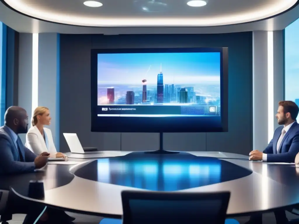 Videoconferencia de negocios moderna y profesional Profesionales en videoconferencia con tecnología moderna y ambiente futurista, proyectando seguridad en videoconferencia para empresas