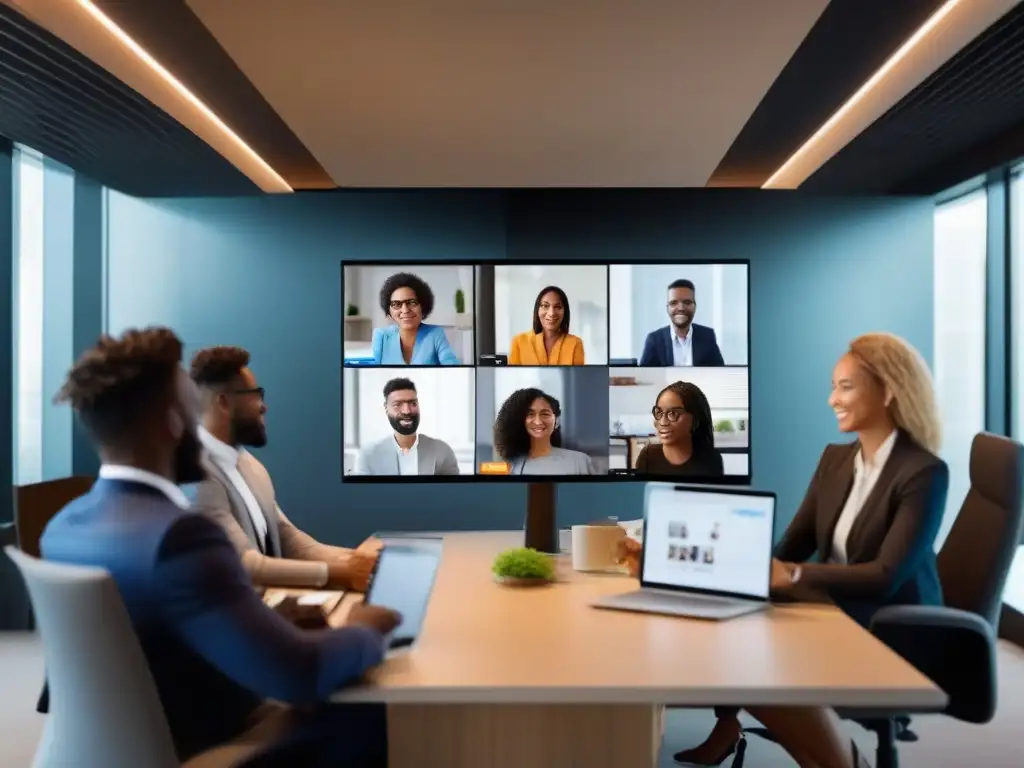 Profesionales en videoconferencia: innovación y colaboración Profesionales en videoconferencia, colaborando con tecnología moderna en un espacio minimalista