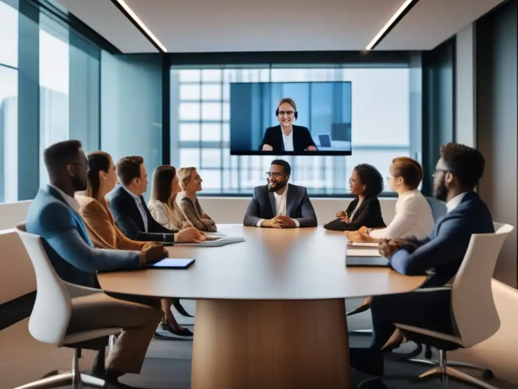 Reunión virtual de profesionales en sala moderna Profesionales en videoconferencia, colaboración y tecnología moderna